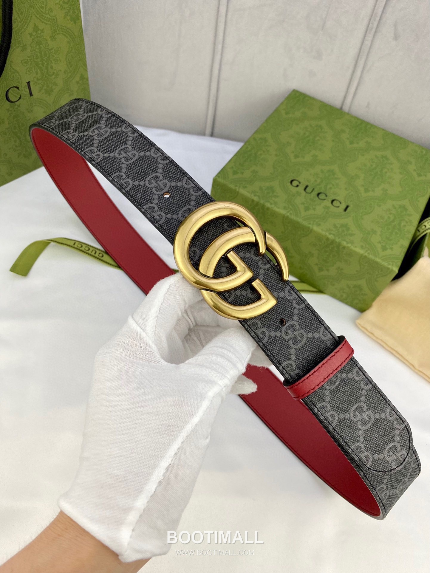 Gucci GG Marmont Monogram Canvas Reversible Belt with Double G Buckle Gold-Plated 구찌 GG 마몬트 모노그램 캔버스 리버서블 벨트 더블G 버클 황동 베이스 금도금 3.8cm 6