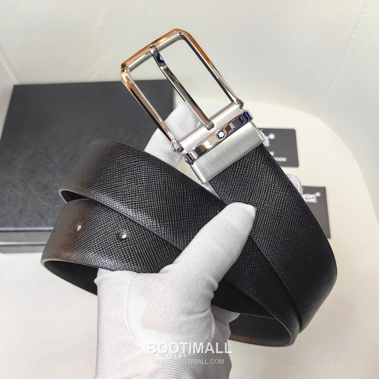 Montblanc Calfskin Leather Belt with Pin Buckle Palladium 몽블랑 카프스킨 레더 벨트 핀 버클 황동 베이스 팔라듐 피니시 3.5cm 1