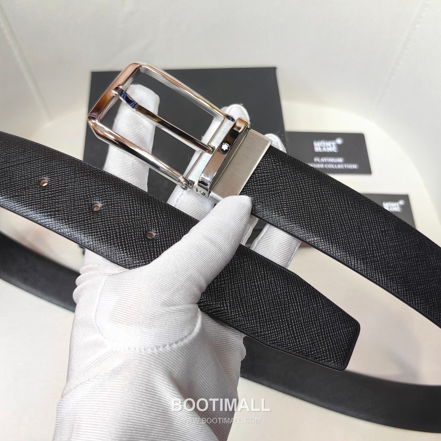 Montblanc Calfskin Leather Belt with Pin Buckle Palladium 몽블랑 카프스킨 레더 벨트 핀 버클 황동 베이스 팔라듐 피니시 3.5cm 3