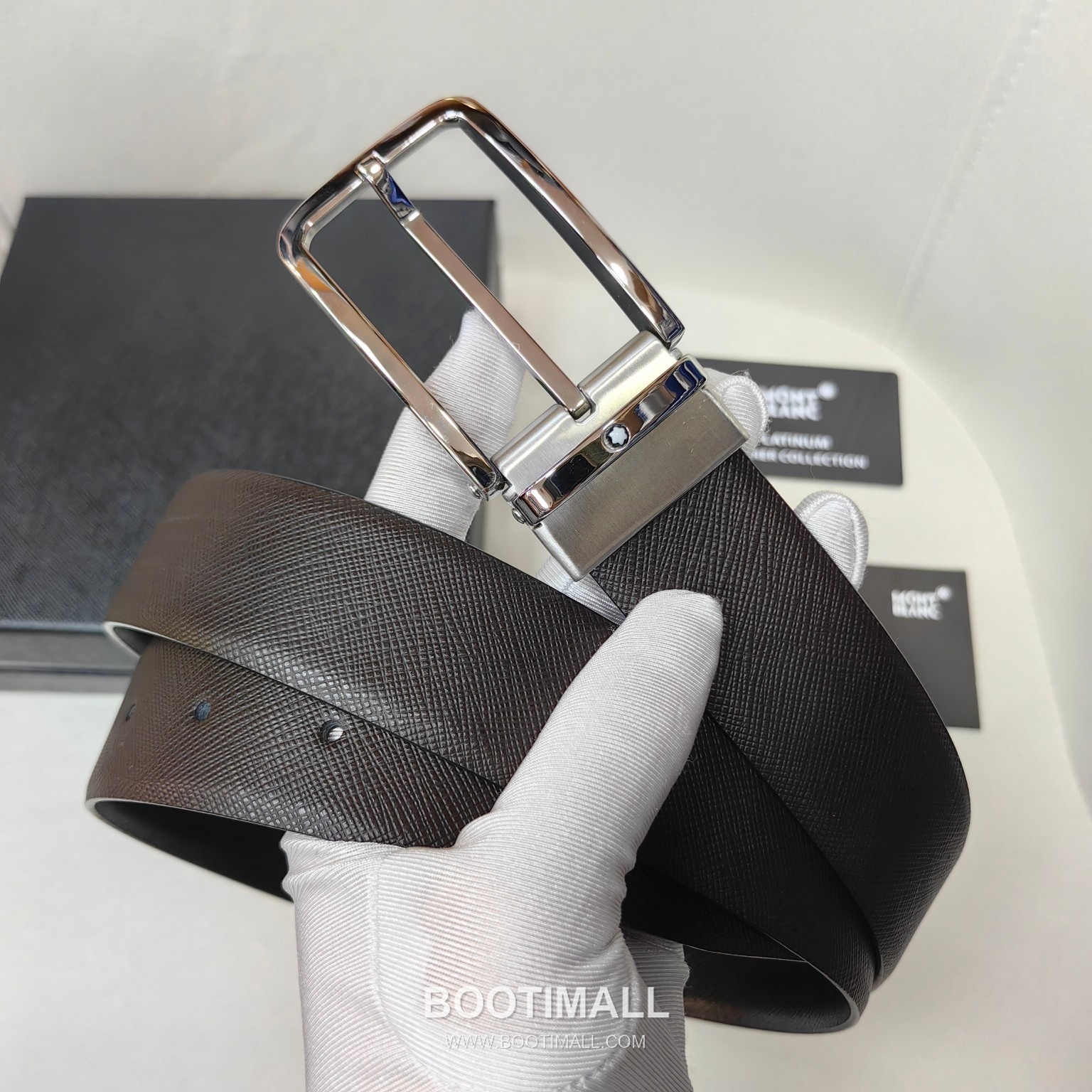 Montblanc Calfskin Leather Belt with Pin Buckle Palladium 몽블랑 카프스킨 레더 벨트 핀 버클 황동 베이스 팔라듐 피니시 3.5cm 1