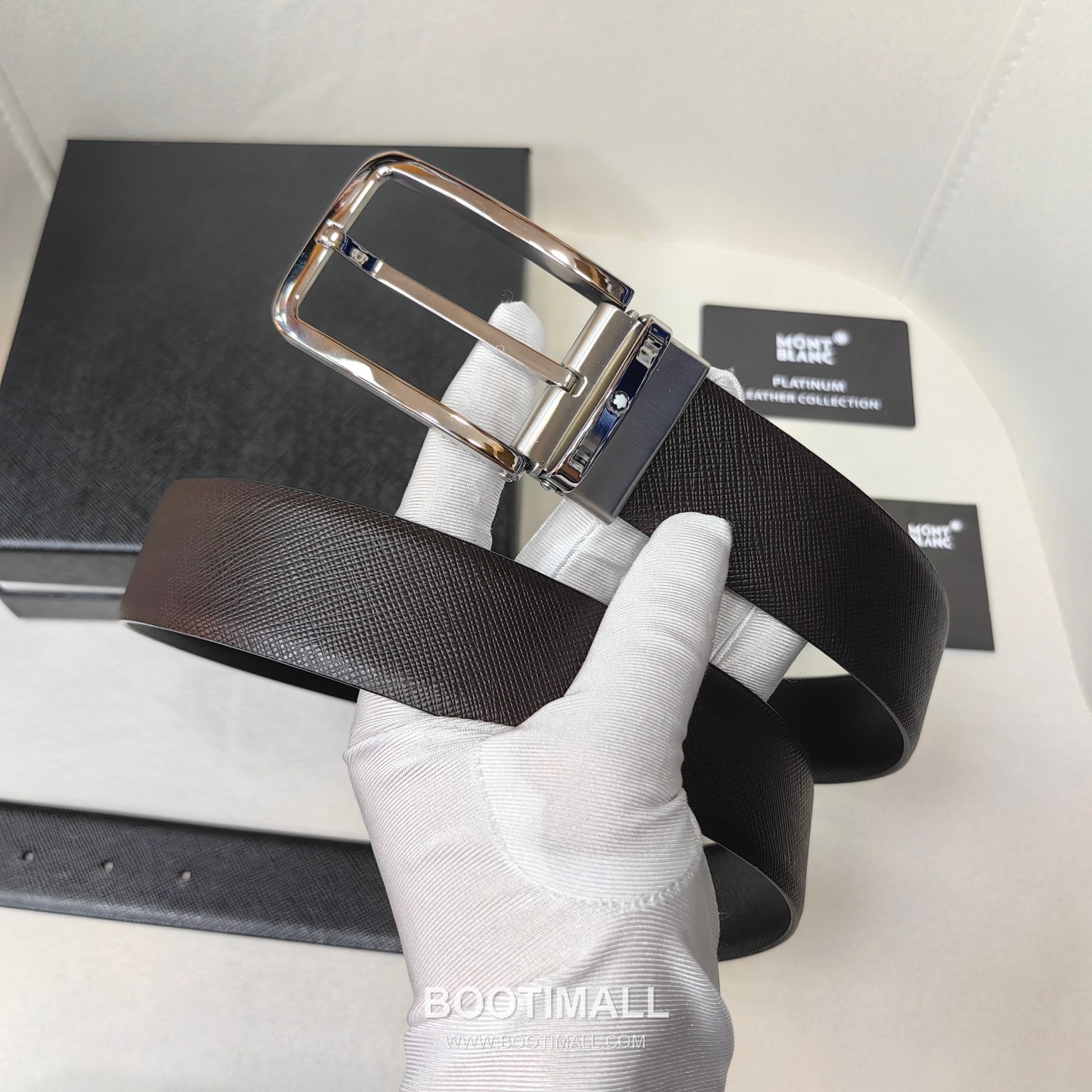 Montblanc Calfskin Leather Belt with Pin Buckle Palladium 몽블랑 카프스킨 레더 벨트 핀 버클 황동 베이스 팔라듐 피니시 3.5cm 2