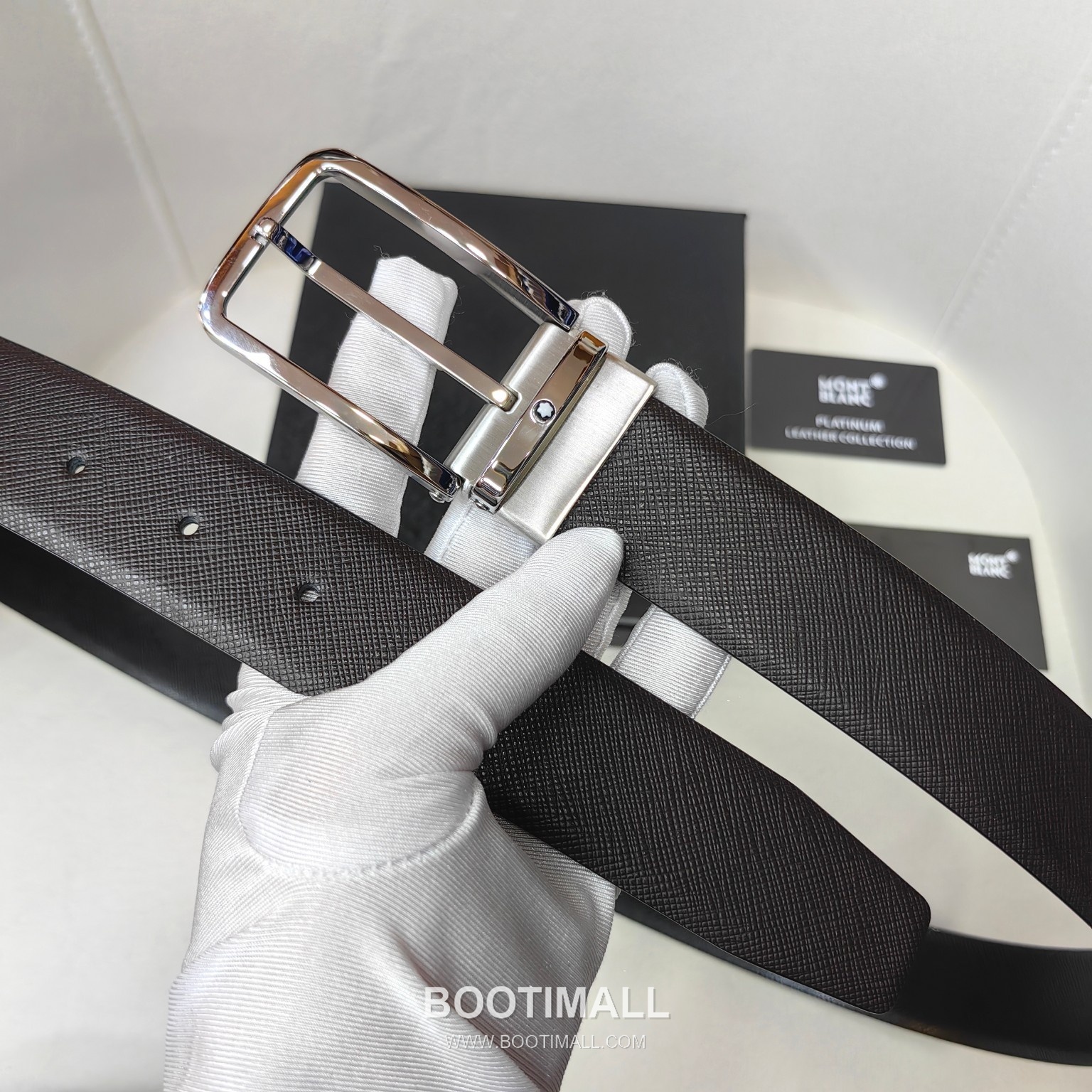 Montblanc Calfskin Leather Belt with Pin Buckle Palladium 몽블랑 카프스킨 레더 벨트 핀 버클 황동 베이스 팔라듐 피니시 3.5cm 3