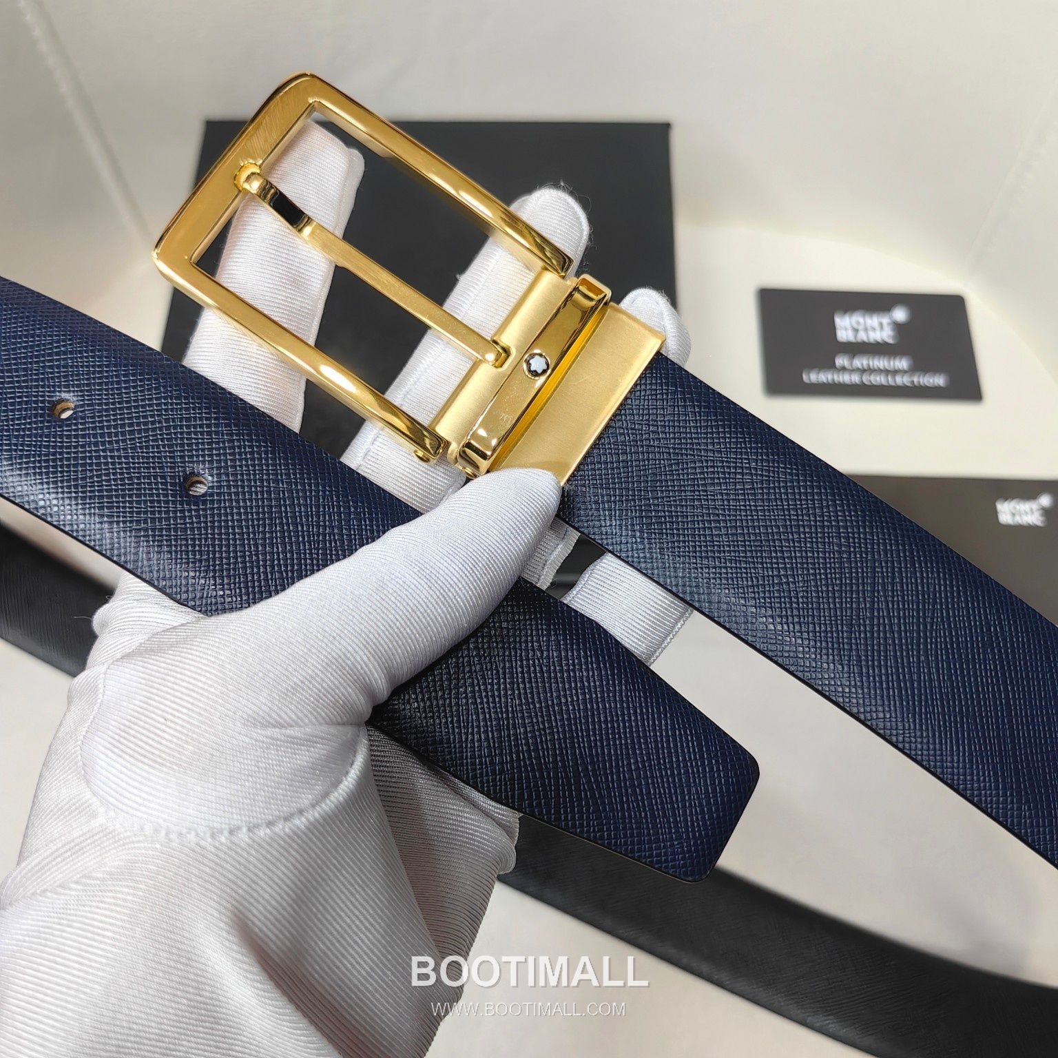 Montblanc Calfskin Leather Belt with Pin Buckle Palladium 몽블랑 카프스킨 레더 벨트 핀 버클 황동 베이스 팔라듐 피니시 3.5cm 3