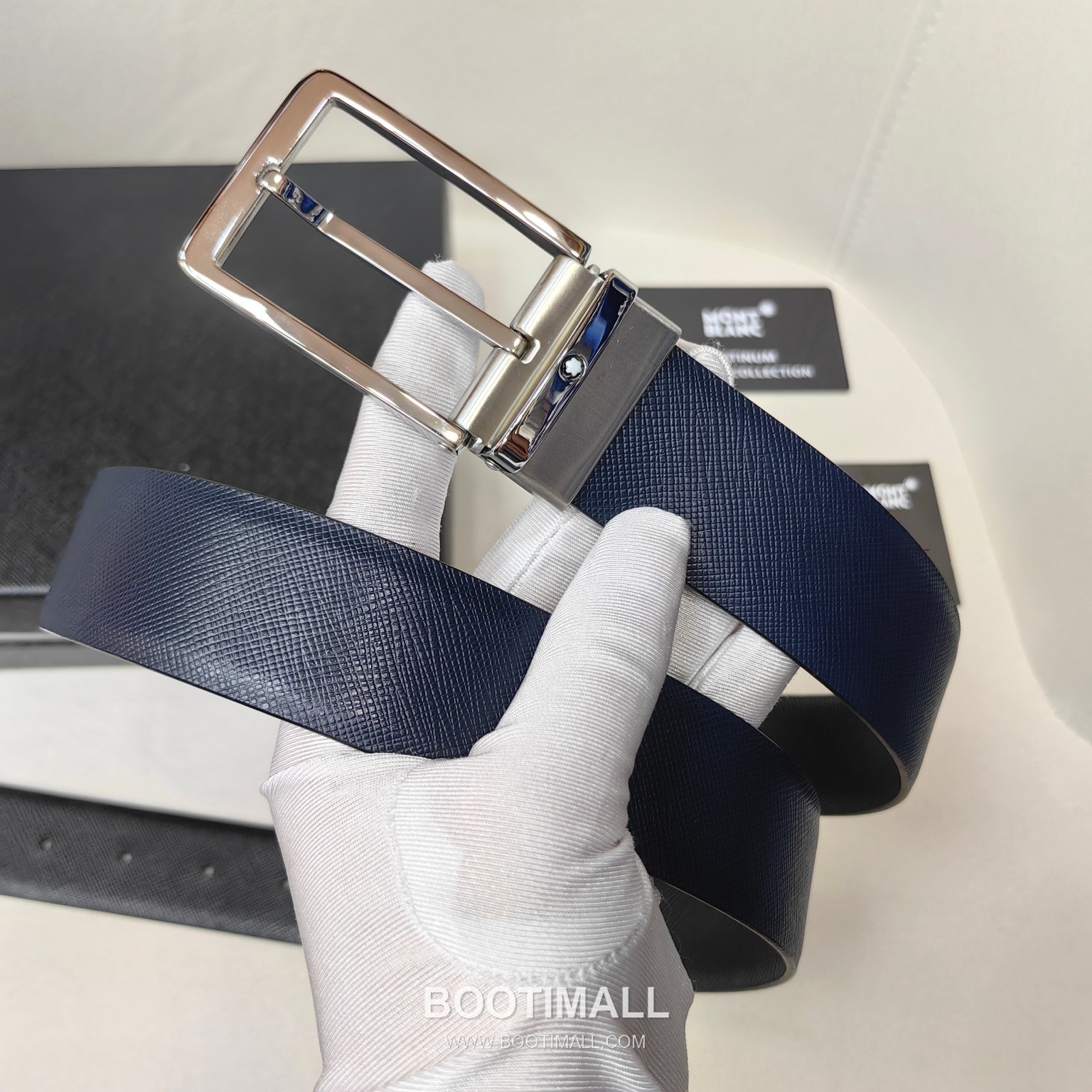 Montblanc Calfskin Leather Belt with Pin Buckle Palladium 몽블랑 카프스킨 레더 벨트 핀 버클 황동 베이스 팔라듐 피니시 3.5cm 2