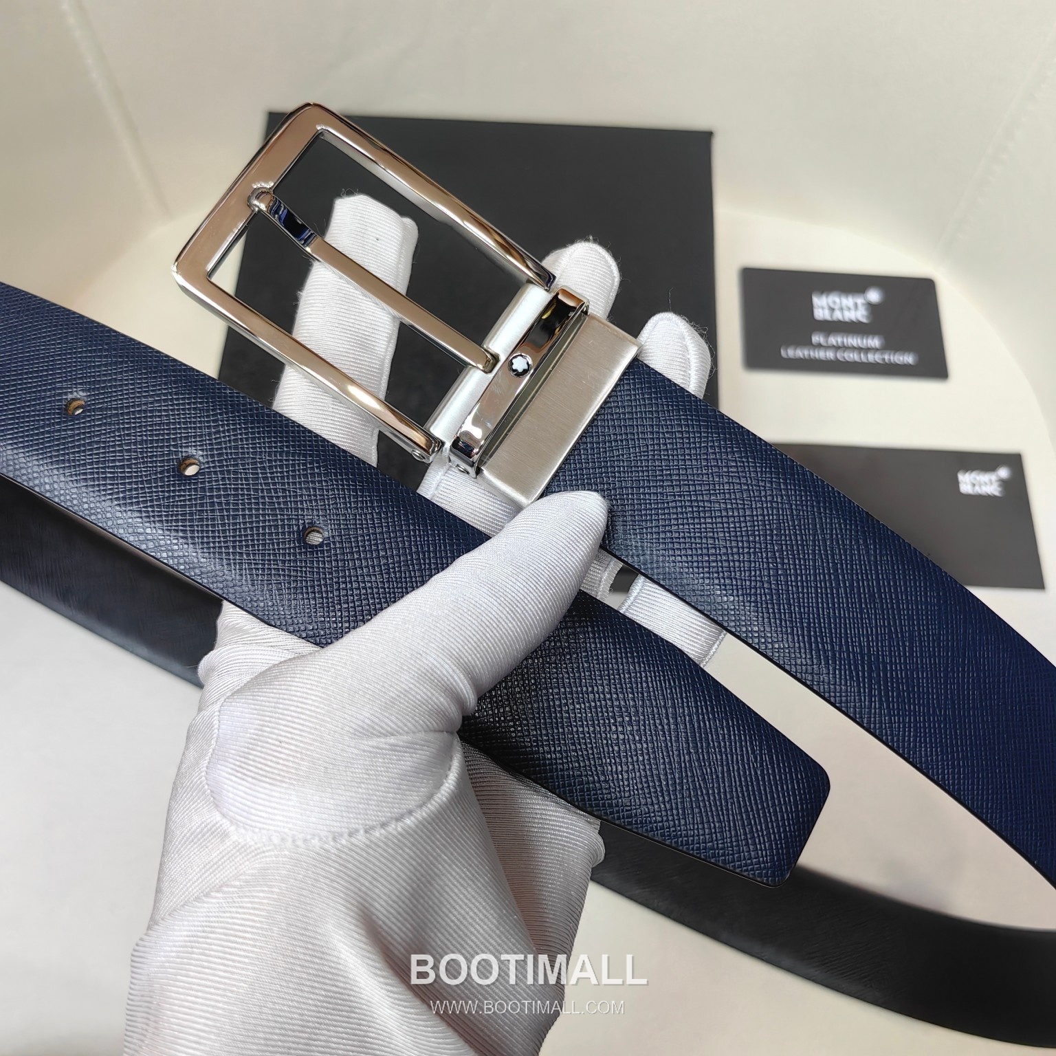 Montblanc Calfskin Leather Belt with Pin Buckle Palladium 몽블랑 카프스킨 레더 벨트 핀 버클 황동 베이스 팔라듐 피니시 3.5cm 3