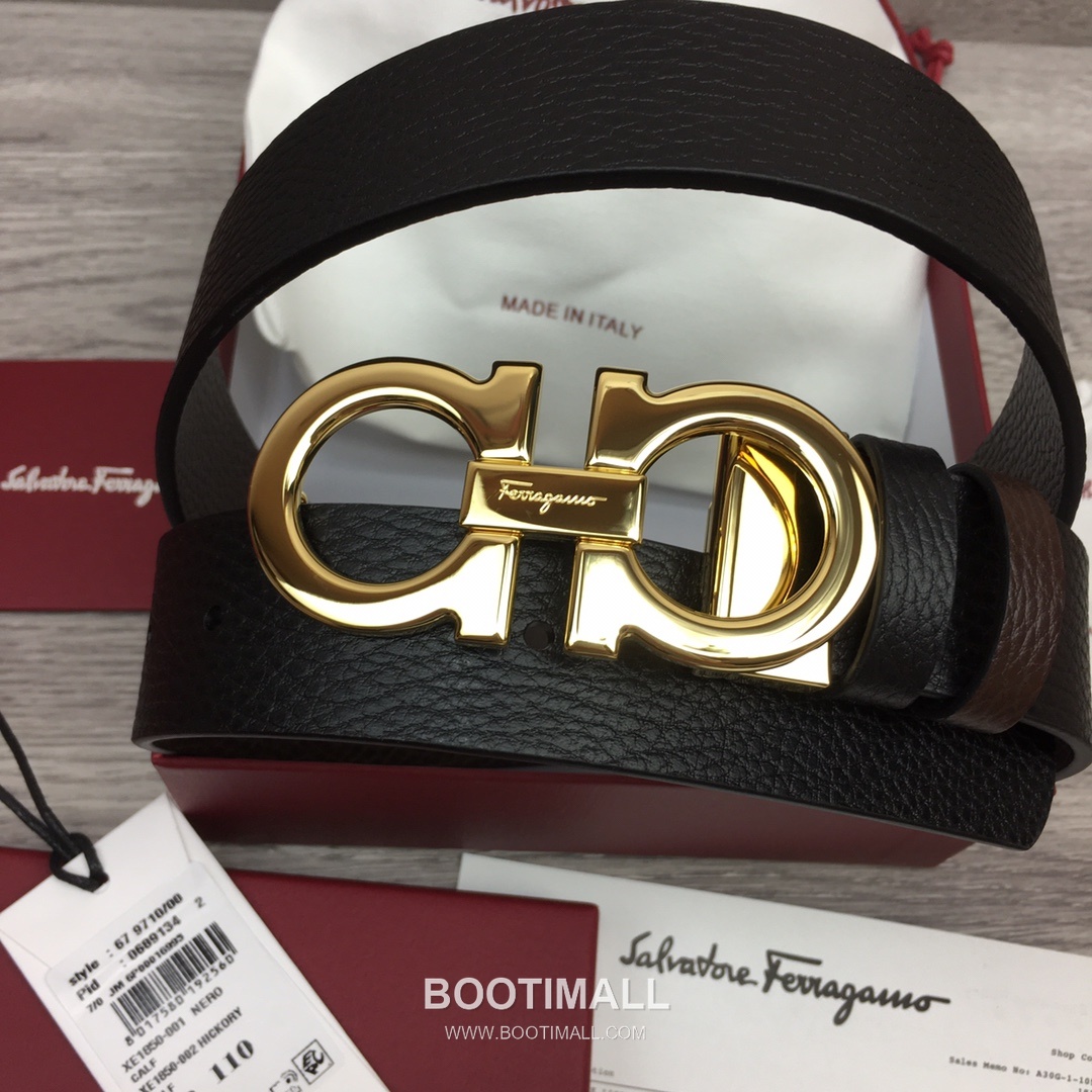 Ferragamo Gancini Calfskin Litchi Leather Reversible Belt with Gancini Buckle Palladium 페라가모 간치니 카프스킨 리치 레더 리버서블 벨트 간치니 버클 황동 베이스 팔라듐 피니시 3.5cm 2