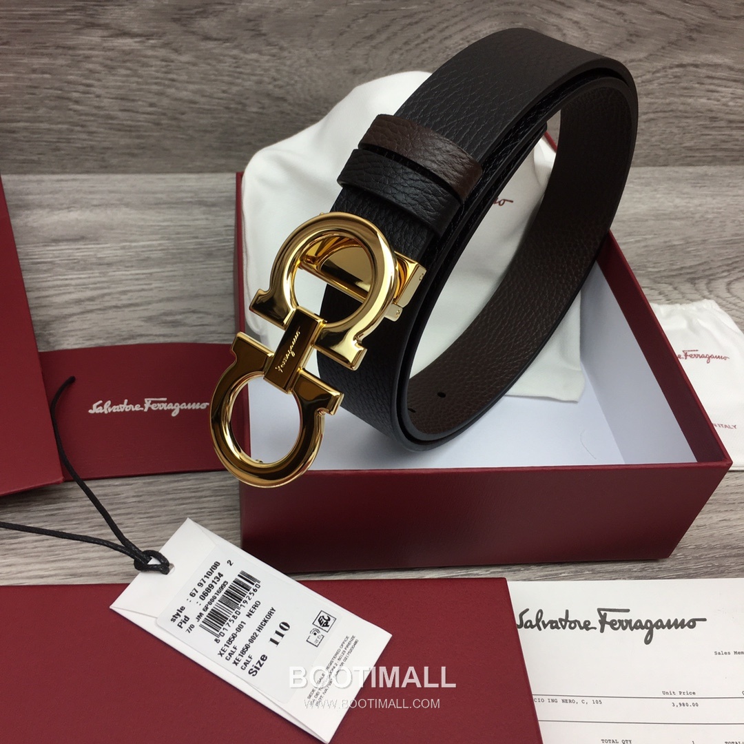 Ferragamo Gancini Calfskin Litchi Leather Reversible Belt with Gancini Buckle Palladium 페라가모 간치니 카프스킨 리치 레더 리버서블 벨트 간치니 버클 황동 베이스 팔라듐 피니시 3.5cm 5