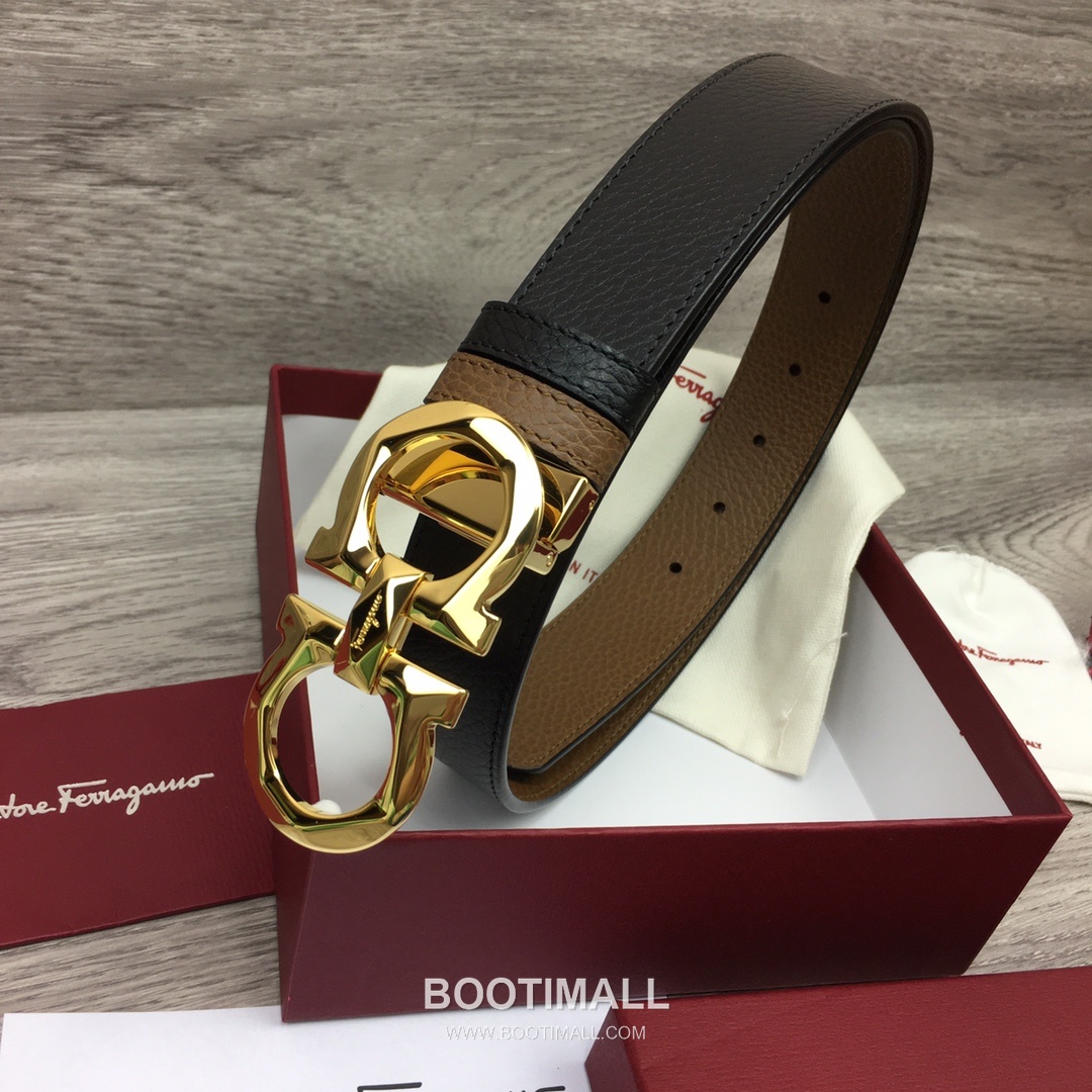 Ferragamo Gancini Calfskin Litchi Leather Reversible Belt with Gancini Buckle Palladium 페라가모 간치니 카프스킨 리치 레더 리버서블 벨트 간치니 버클 황동 베이스 팔라듐 피니시 3.5cm 1