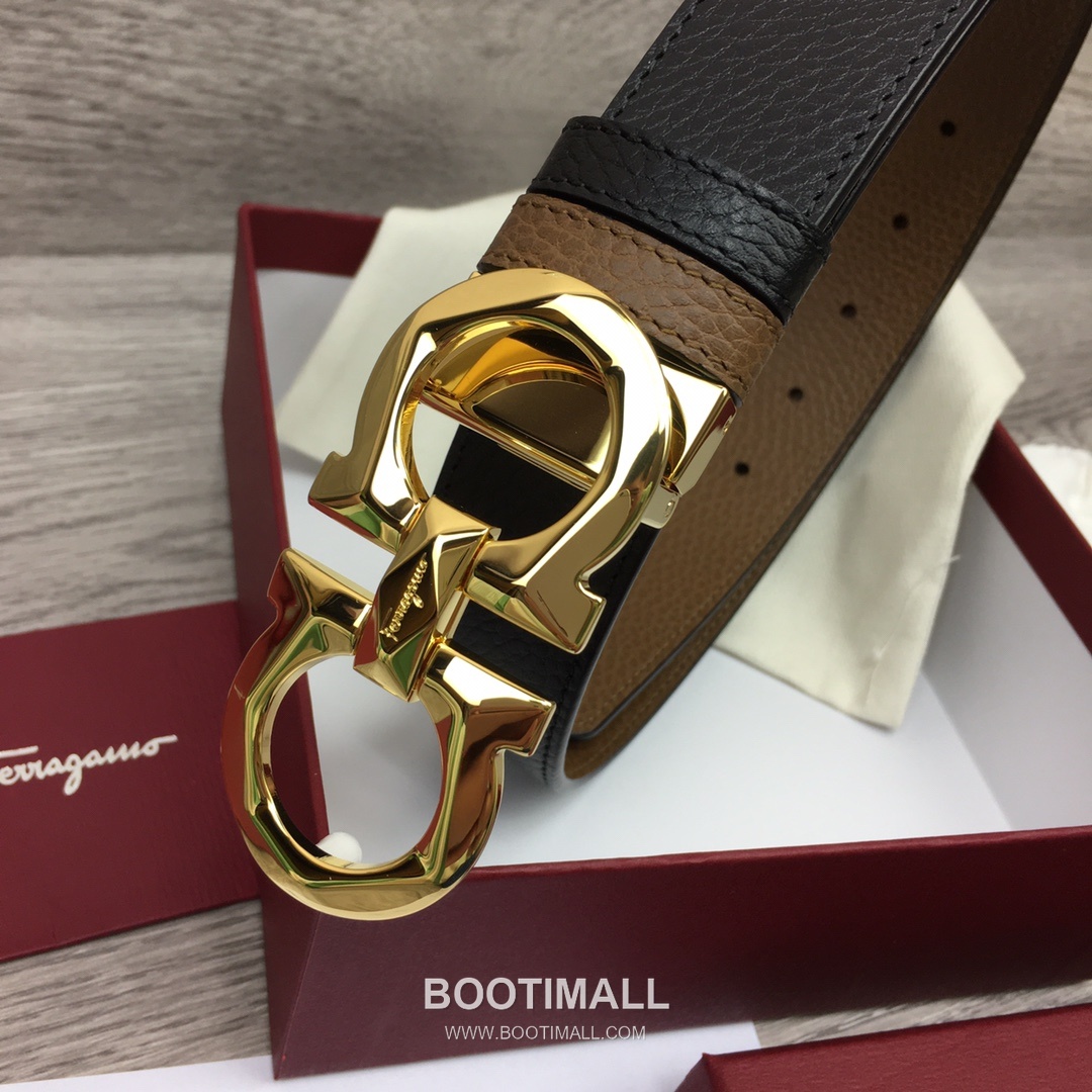 Ferragamo Gancini Calfskin Litchi Leather Reversible Belt with Gancini Buckle Palladium 페라가모 간치니 카프스킨 리치 레더 리버서블 벨트 간치니 버클 황동 베이스 팔라듐 피니시 3.5cm 2