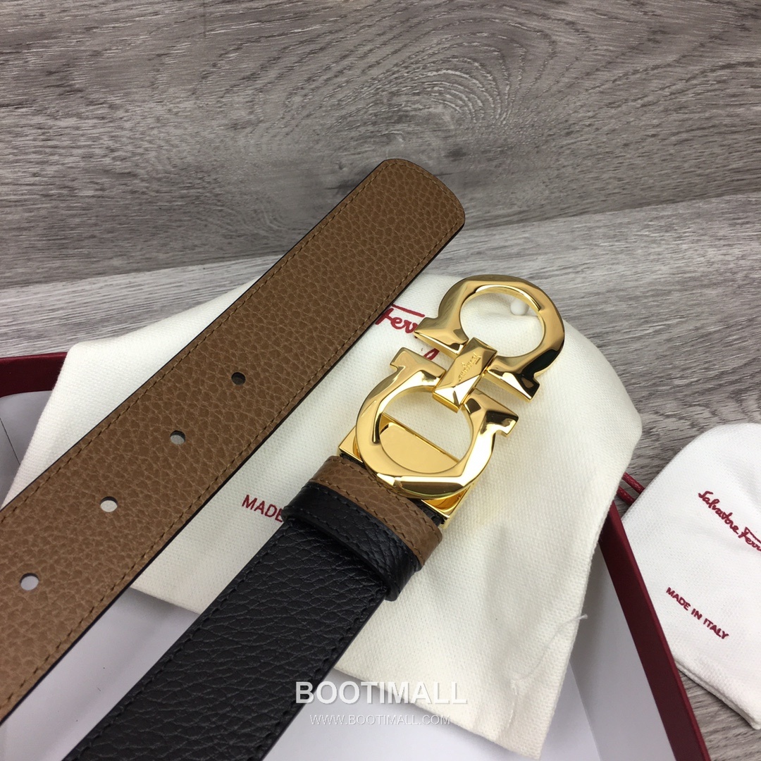 Ferragamo Gancini Calfskin Litchi Leather Reversible Belt with Gancini Buckle Palladium 페라가모 간치니 카프스킨 리치 레더 리버서블 벨트 간치니 버클 황동 베이스 팔라듐 피니시 3.5cm 5
