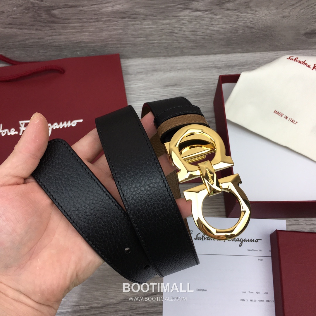 Ferragamo Gancini Calfskin Litchi Leather Reversible Belt with Gancini Buckle Palladium 페라가모 간치니 카프스킨 리치 레더 리버서블 벨트 간치니 버클 황동 베이스 팔라듐 피니시 3.5cm 6