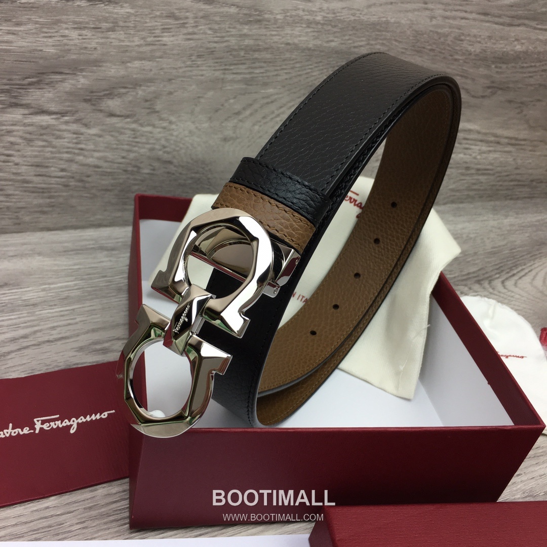 Ferragamo Gancini Calfskin Litchi Leather Reversible Belt with Gancini Buckle Palladium 페라가모 간치니 카프스킨 리치 레더 리버서블 벨트 간치니 버클 황동 베이스 팔라듐 피니시 3.5cm 1