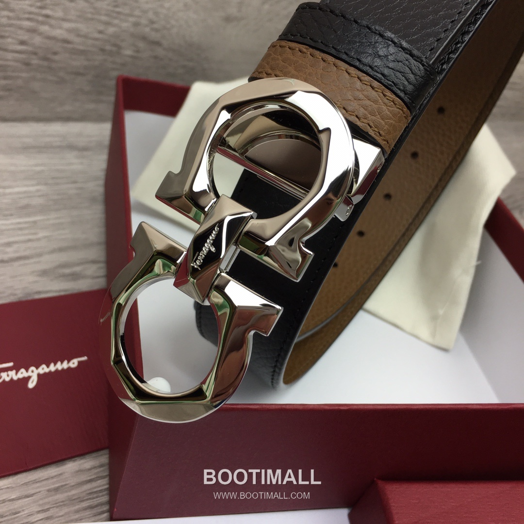 Ferragamo Gancini Calfskin Litchi Leather Reversible Belt with Gancini Buckle Palladium 페라가모 간치니 카프스킨 리치 레더 리버서블 벨트 간치니 버클 황동 베이스 팔라듐 피니시 3.5cm 2