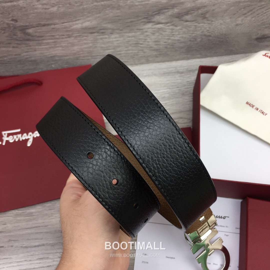 Ferragamo Gancini Calfskin Litchi Leather Reversible Belt with Gancini Buckle Palladium 페라가모 간치니 카프스킨 리치 레더 리버서블 벨트 간치니 버클 황동 베이스 팔라듐 피니시 3.5cm 3