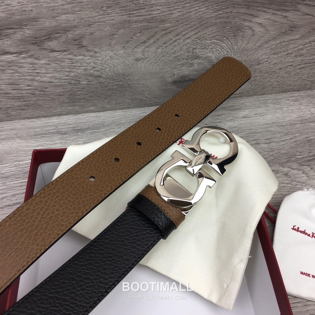 Ferragamo Gancini Calfskin Litchi Leather Reversible Belt with Gancini Buckle Palladium 페라가모 간치니 카프스킨 리치 레더 리버서블 벨트 간치니 버클 황동 베이스 팔라듐 피니시 3.5cm 4