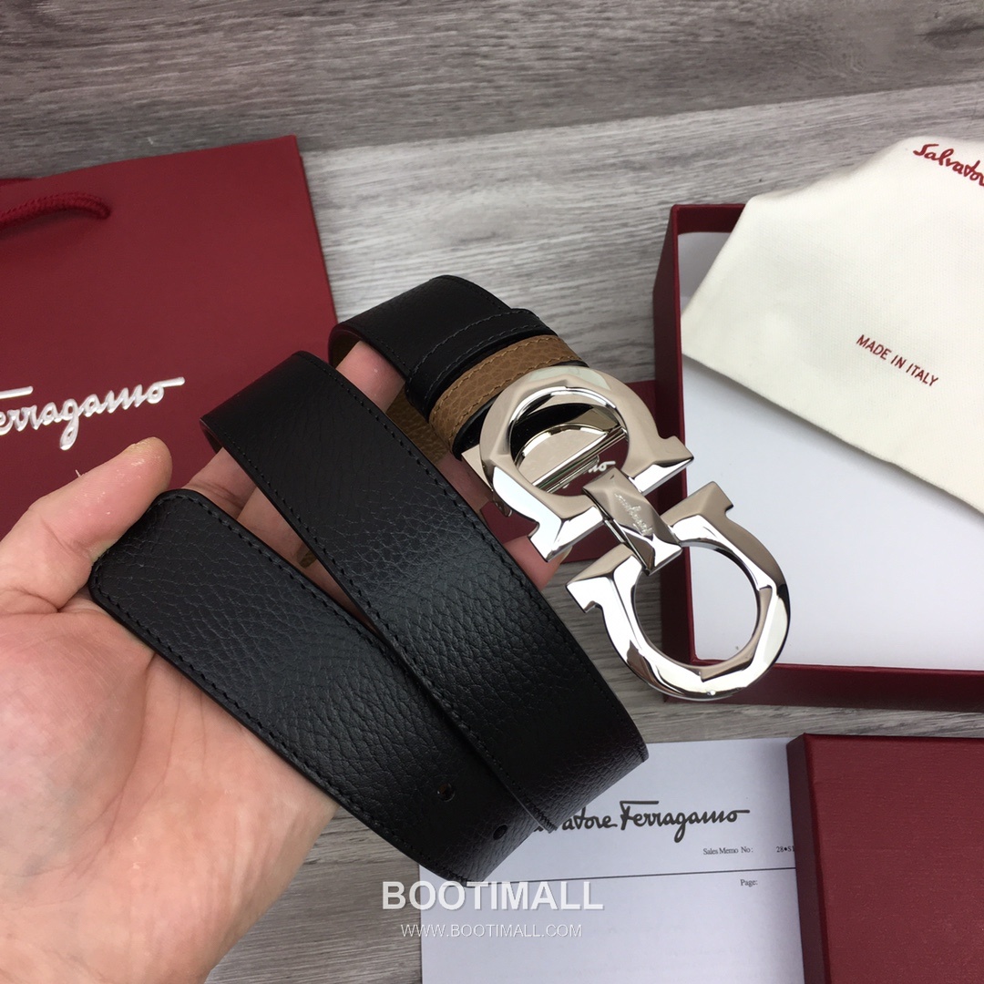 Ferragamo Gancini Calfskin Litchi Leather Reversible Belt with Gancini Buckle Palladium 페라가모 간치니 카프스킨 리치 레더 리버서블 벨트 간치니 버클 황동 베이스 팔라듐 피니시 3.5cm 5