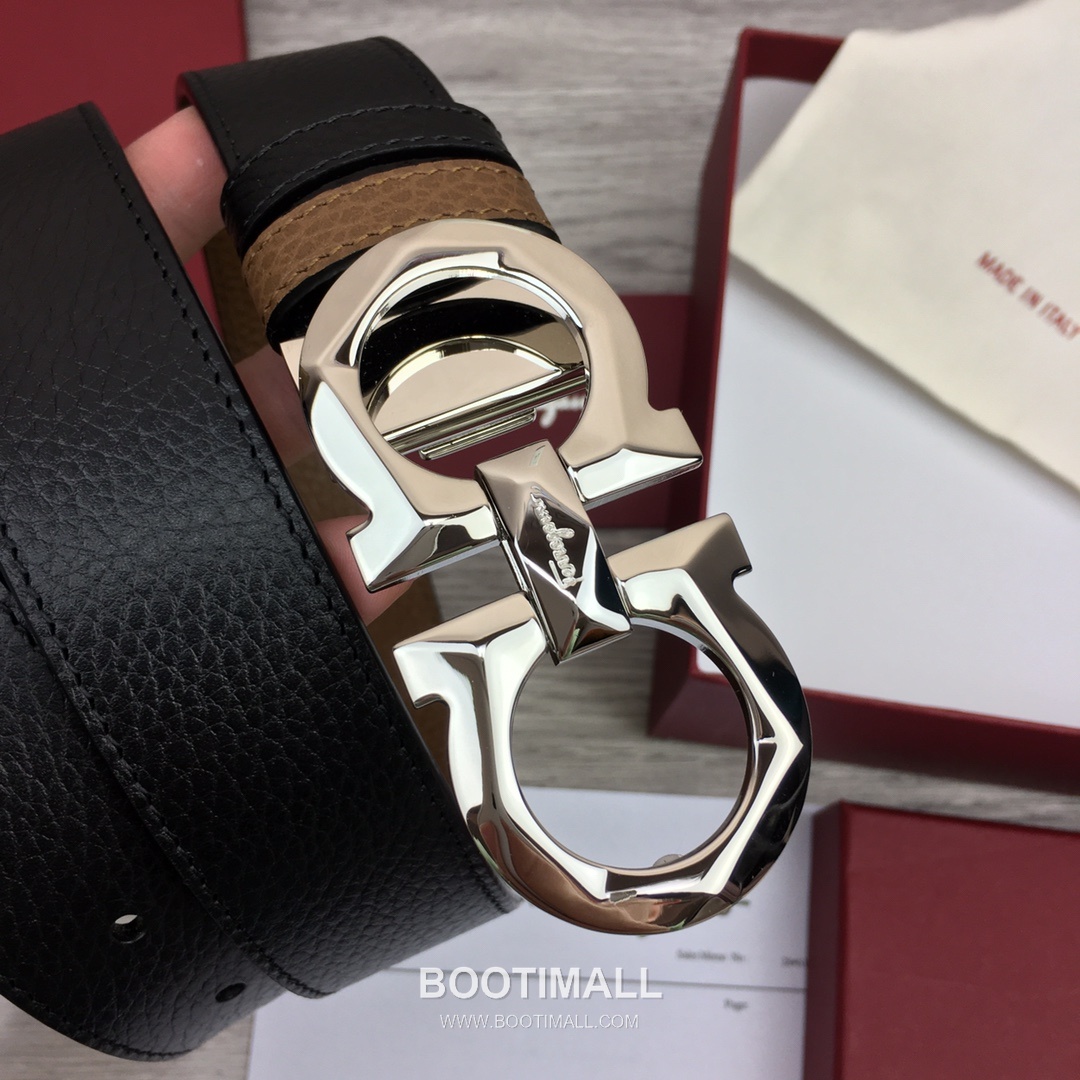 Ferragamo Gancini Calfskin Litchi Leather Reversible Belt with Gancini Buckle Palladium 페라가모 간치니 카프스킨 리치 레더 리버서블 벨트 간치니 버클 황동 베이스 팔라듐 피니시 3.5cm 6