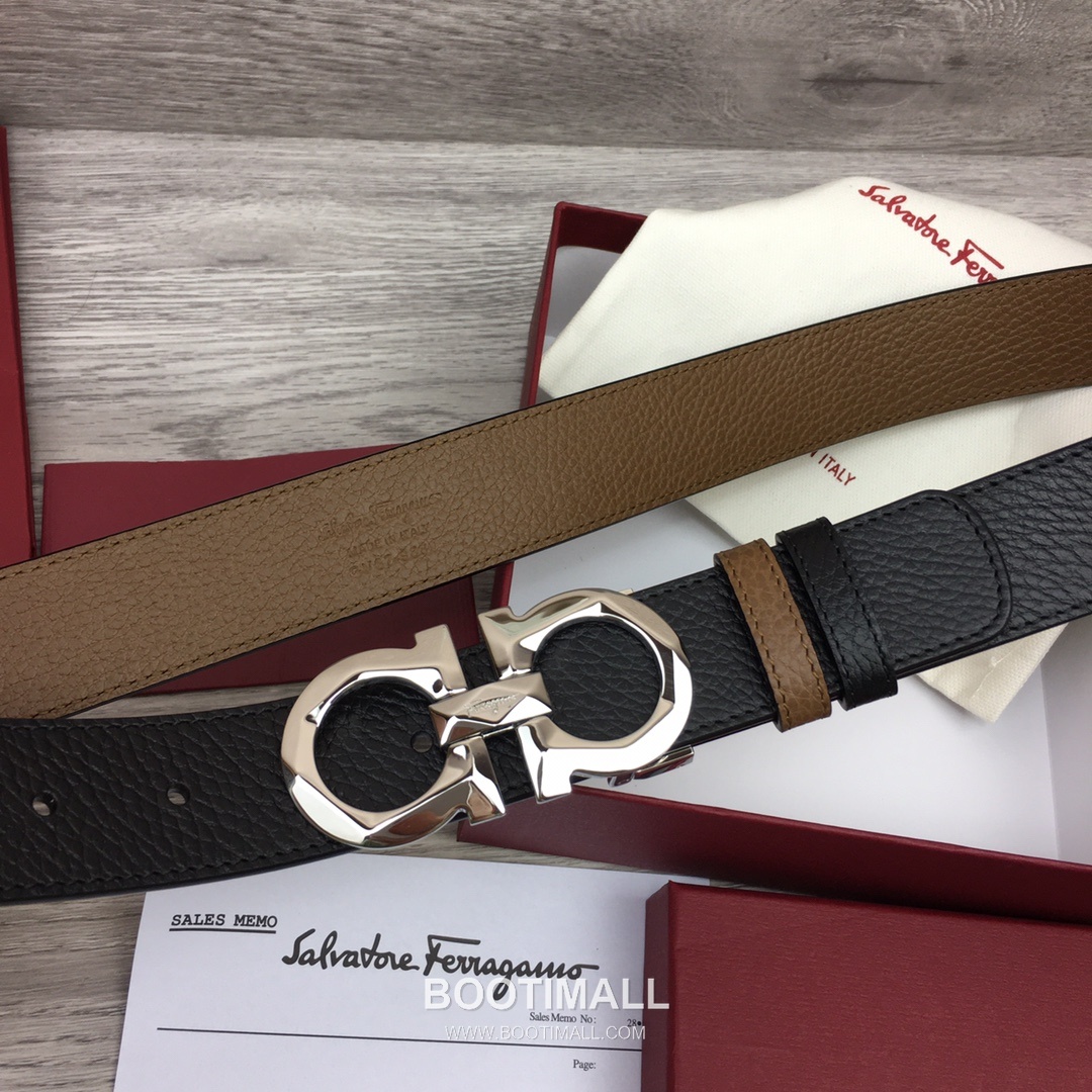 Ferragamo Gancini Calfskin Litchi Leather Reversible Belt with Gancini Buckle Palladium 페라가모 간치니 카프스킨 리치 레더 리버서블 벨트 간치니 버클 황동 베이스 팔라듐 피니시 3.5cm 8