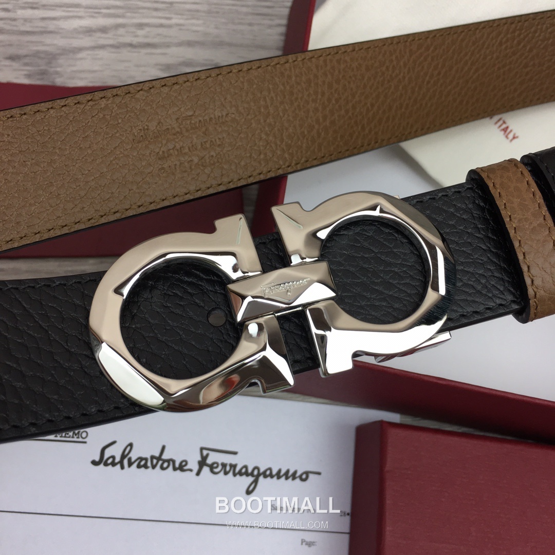 Ferragamo Gancini Calfskin Litchi Leather Reversible Belt with Gancini Buckle Palladium 페라가모 간치니 카프스킨 리치 레더 리버서블 벨트 간치니 버클 황동 베이스 팔라듐 피니시 3.5cm 9