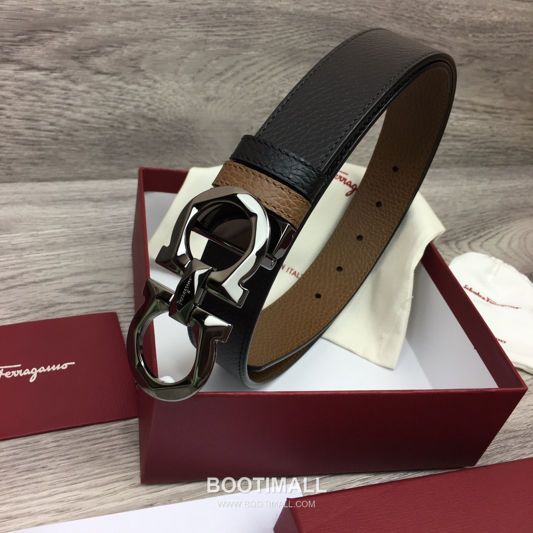 Ferragamo Gancini Calfskin Litchi Leather Reversible Belt with Gancini Buckle Palladium 페라가모 간치니 카프스킨 리치 레더 리버서블 벨트 간치니 버클 황동 베이스 팔라듐 피니시 3.5cm 1