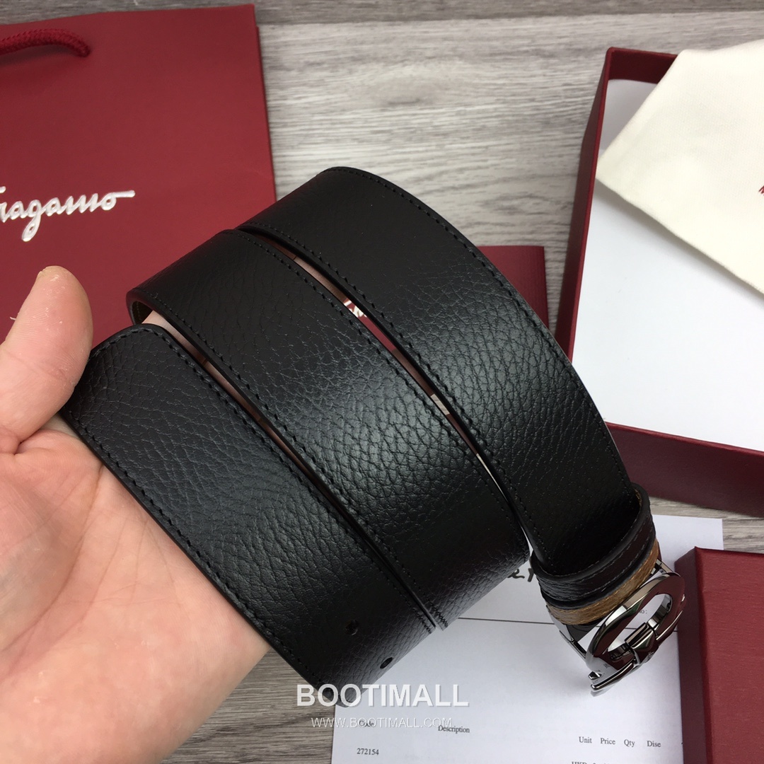 Ferragamo Gancini Calfskin Litchi Leather Reversible Belt with Gancini Buckle Palladium 페라가모 간치니 카프스킨 리치 레더 리버서블 벨트 간치니 버클 황동 베이스 팔라듐 피니시 3.5cm 3