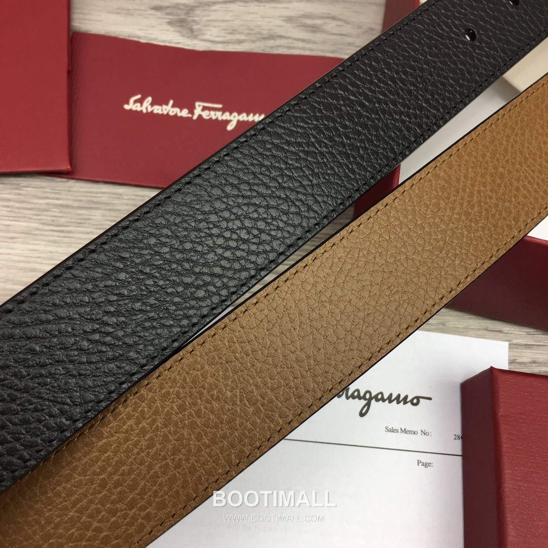 Ferragamo Gancini Calfskin Litchi Leather Reversible Belt with Gancini Buckle Palladium 페라가모 간치니 카프스킨 리치 레더 리버서블 벨트 간치니 버클 황동 베이스 팔라듐 피니시 3.5cm 4