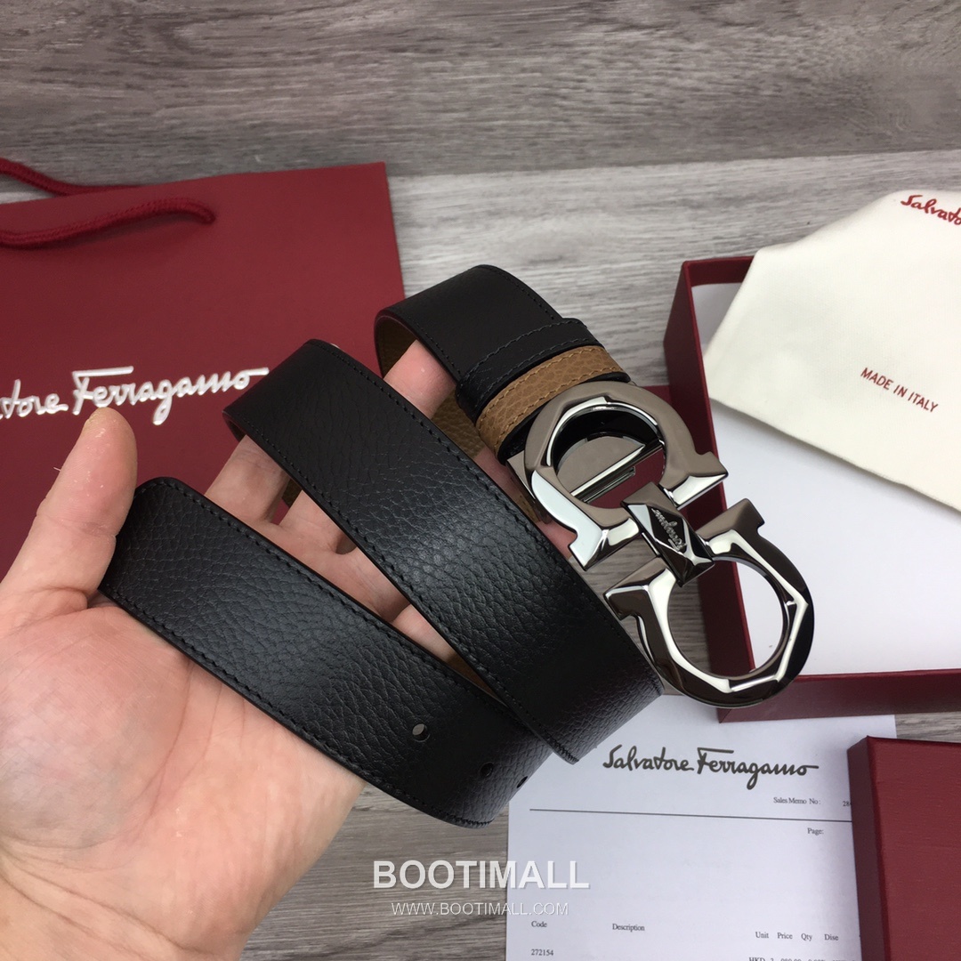 Ferragamo Gancini Calfskin Litchi Leather Reversible Belt with Gancini Buckle Palladium 페라가모 간치니 카프스킨 리치 레더 리버서블 벨트 간치니 버클 황동 베이스 팔라듐 피니시 3.5cm 6