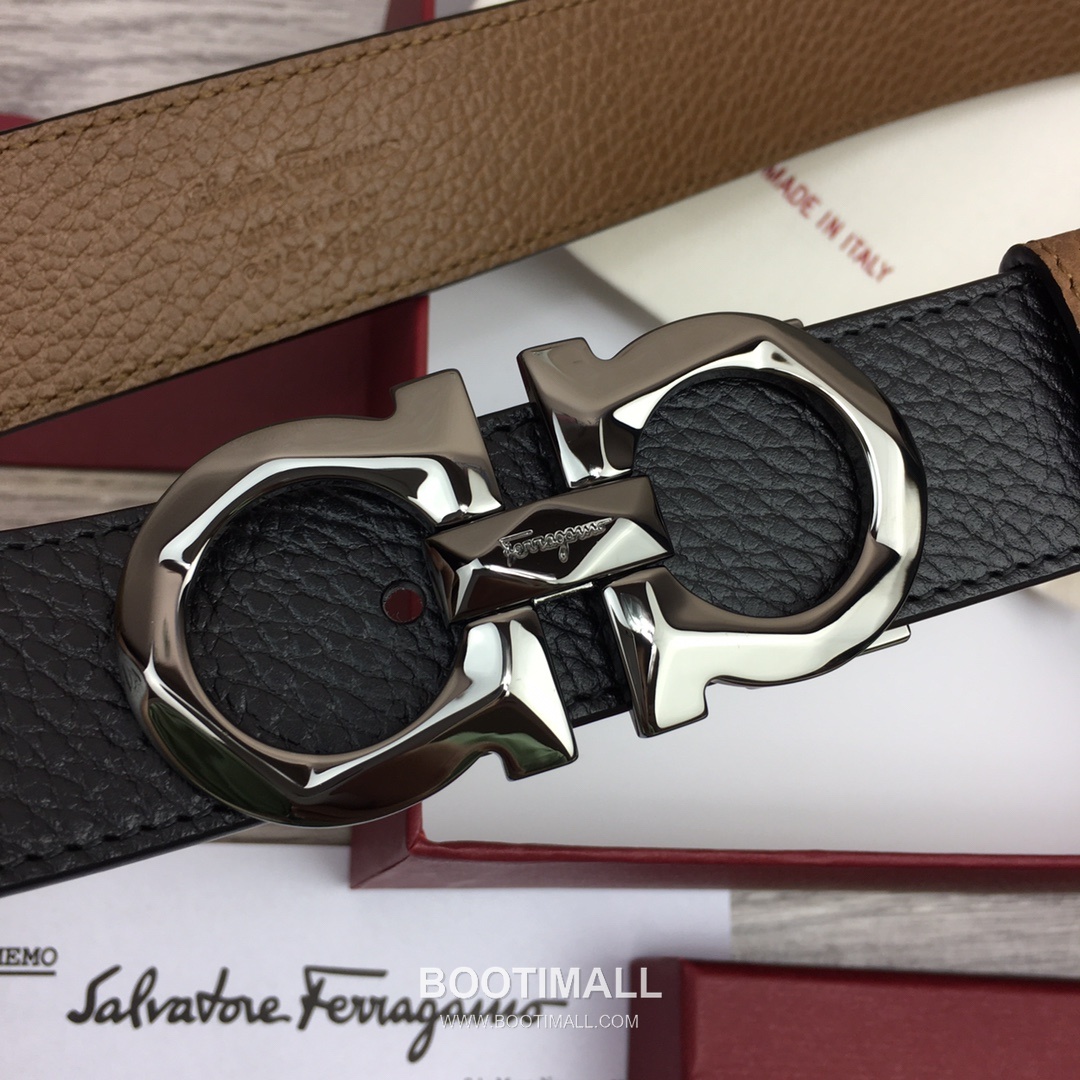 Ferragamo Gancini Calfskin Litchi Leather Reversible Belt with Gancini Buckle Palladium 페라가모 간치니 카프스킨 리치 레더 리버서블 벨트 간치니 버클 황동 베이스 팔라듐 피니시 3.5cm 9