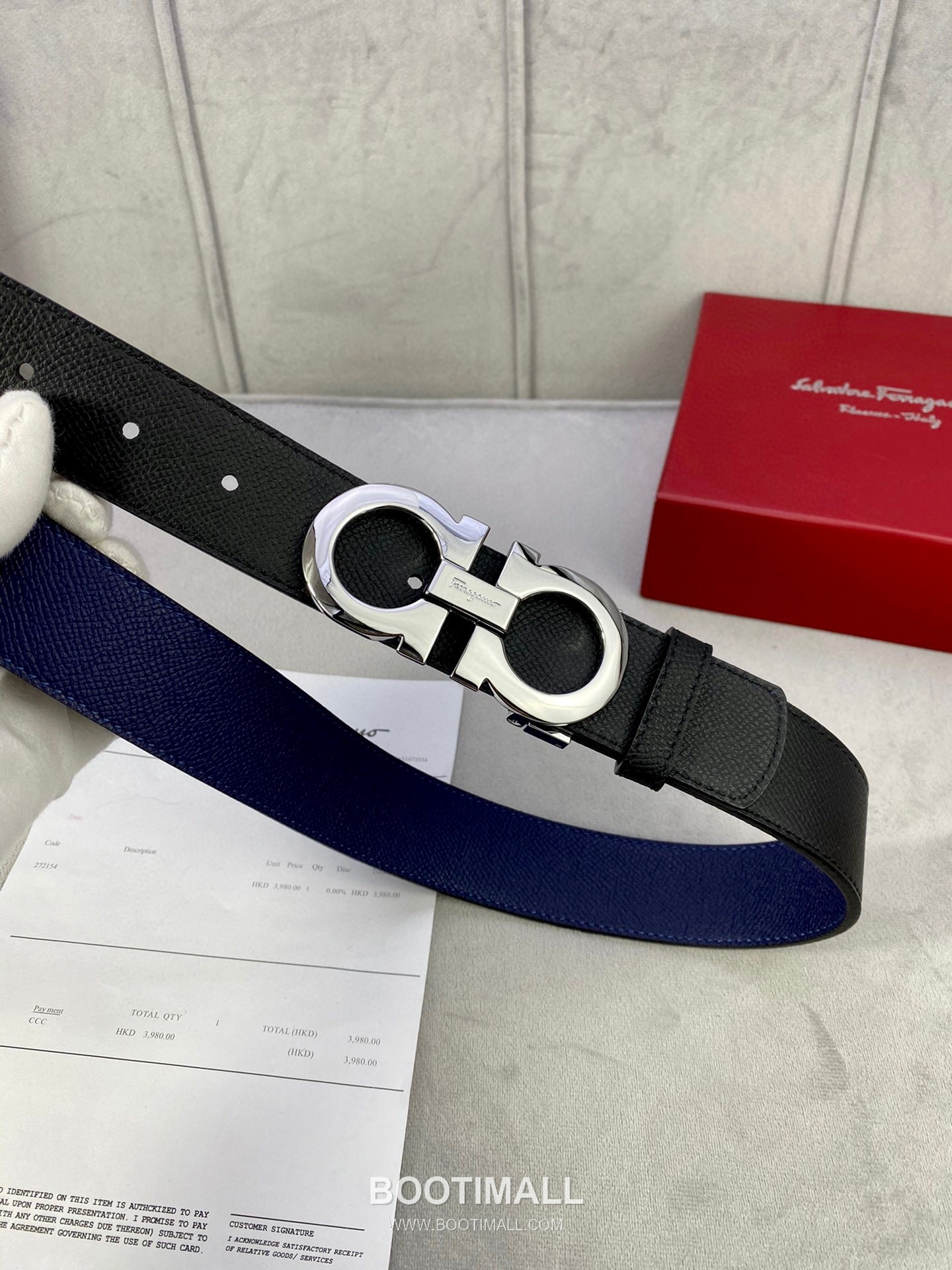Ferragamo Gancini Calfskin Palm Grain Leather Reversible Belt with Gancini Buckle Palladium 페라가모 간치니 카프스킨 팜 그레인 레더 리버서블 벨트 간치니 버클 황동 베이스 팔라듐 피니시 3.5cm 3