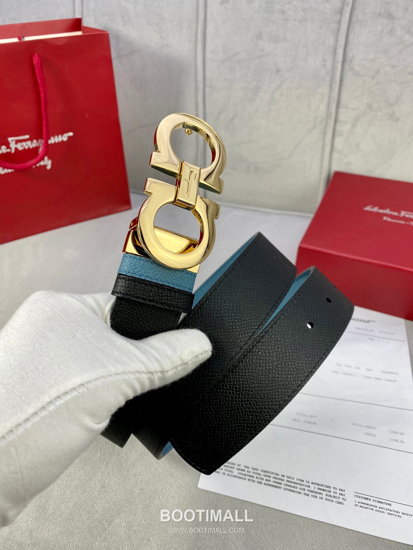 Ferragamo Gancini Calfskin Palm Grain Leather Reversible Belt with Gancini Buckle Palladium 페라가모 간치니 카프스킨 팜 그레인 레더 리버서블 벨트 간치니 버클 황동 베이스 팔라듐 피니시 3.5cm 2