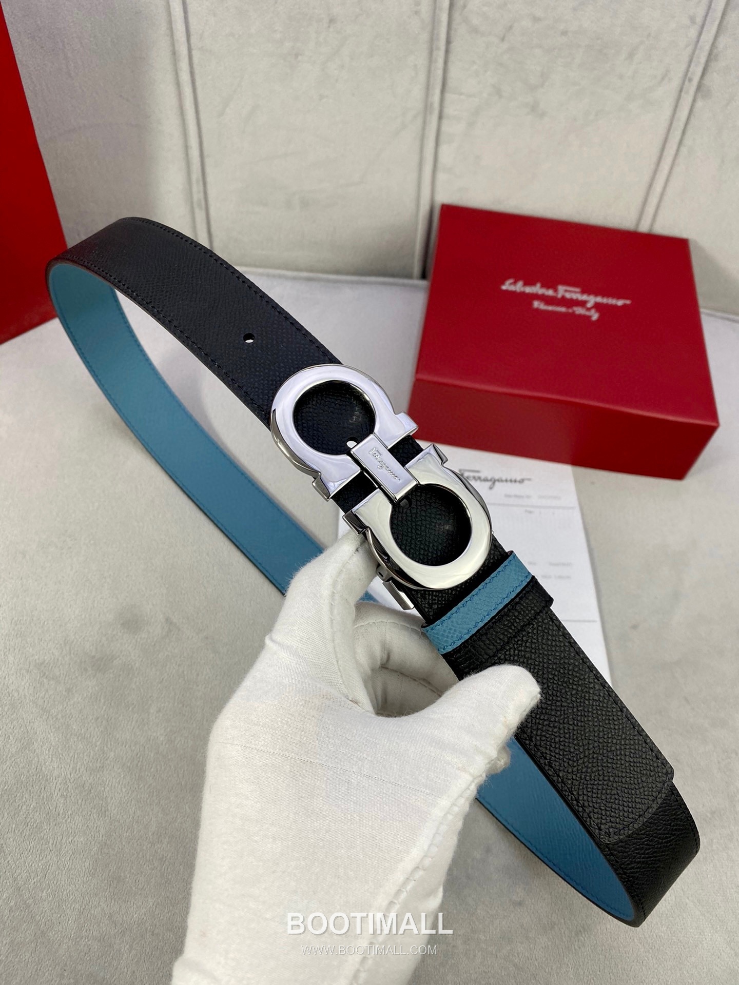 Ferragamo Gancini Calfskin Palm Grain Leather Reversible Belt with Gancini Buckle Palladium 페라가모 간치니 카프스킨 팜 그레인 레더 리버서블 벨트 간치니 버클 황동 베이스 팔라듐 피니시 3.5cm 4