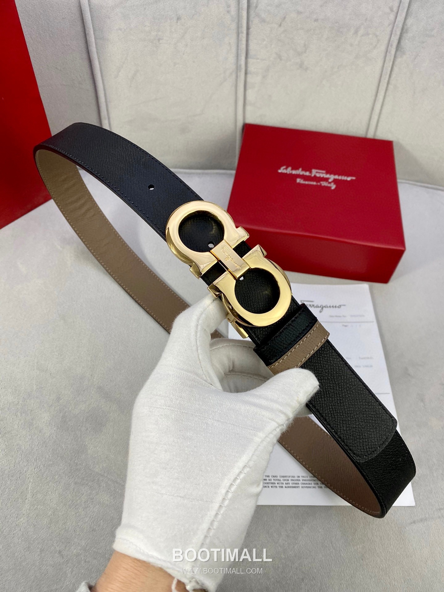 Ferragamo Gancini Calfskin Palm Grain Leather Reversible Belt with Gancini Buckle Palladium 페라가모 간치니 카프스킨 팜 그레인 레더 리버서블 벨트 간치니 버클 황동 베이스 팔라듐 피니시 3.5cm 5