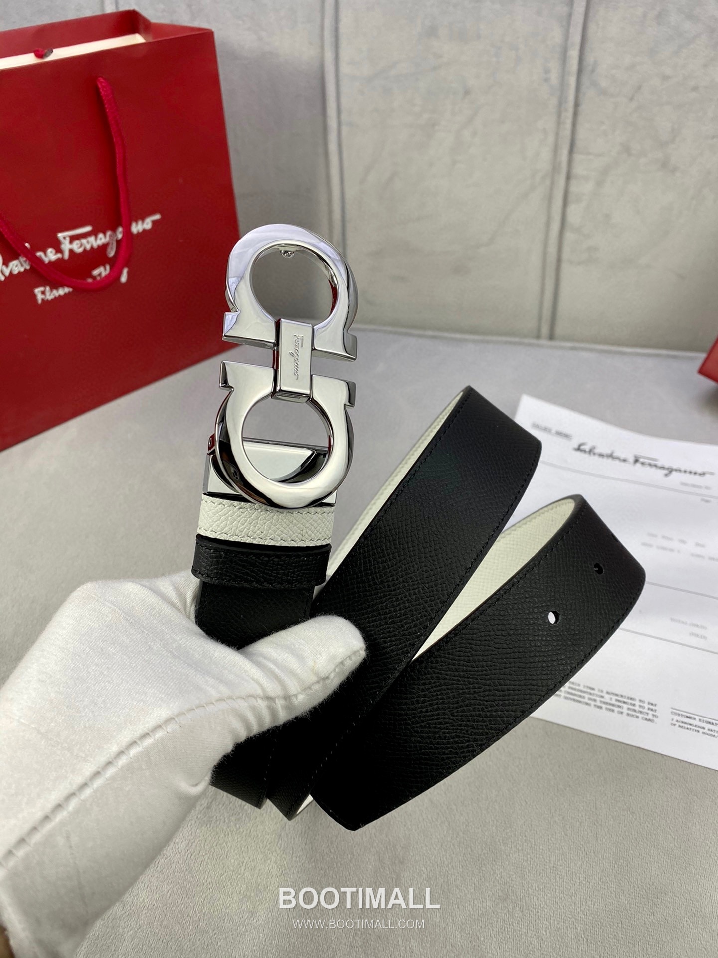 Ferragamo Gancini Calfskin Palm Grain Leather Reversible Belt with Gancini Buckle Palladium 페라가모 간치니 카프스킨 팜 그레인 레더 리버서블 벨트 간치니 버클 황동 베이스 팔라듐 피니시 3.5cm 7