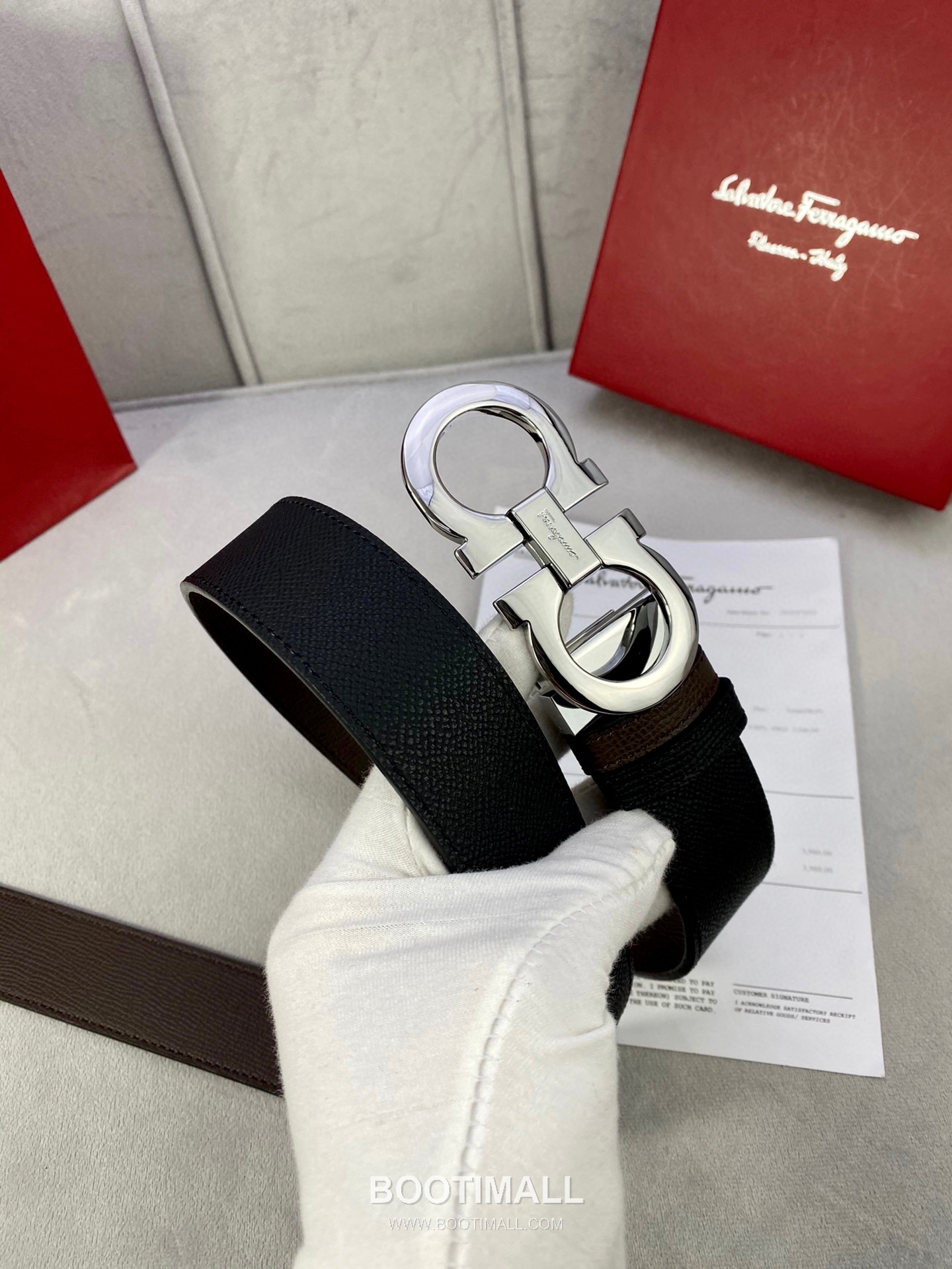 Ferragamo Gancini Calfskin Palm Grain Leather Reversible Belt with Gancini Buckle Palladium 페라가모 간치니 카프스킨 팜 그레인 레더 리버서블 벨트 간치니 버클 황동 베이스 팔라듐 피니시 3.5cm 2