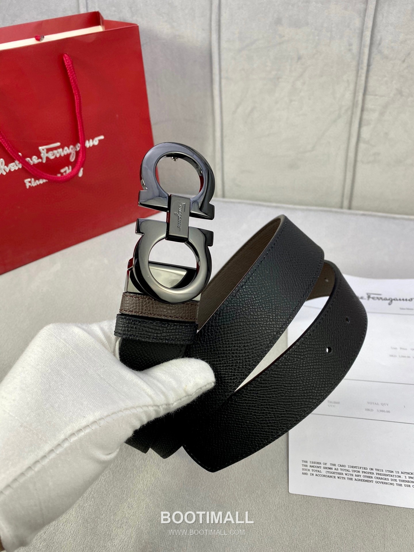 Ferragamo Gancini Calfskin Palm Grain Leather Reversible Belt with Gancini Buckle Palladium 페라가모 간치니 카프스킨 팜 그레인 레더 리버서블 벨트 간치니 버클 황동 베이스 팔라듐 피니시 3.5cm 8