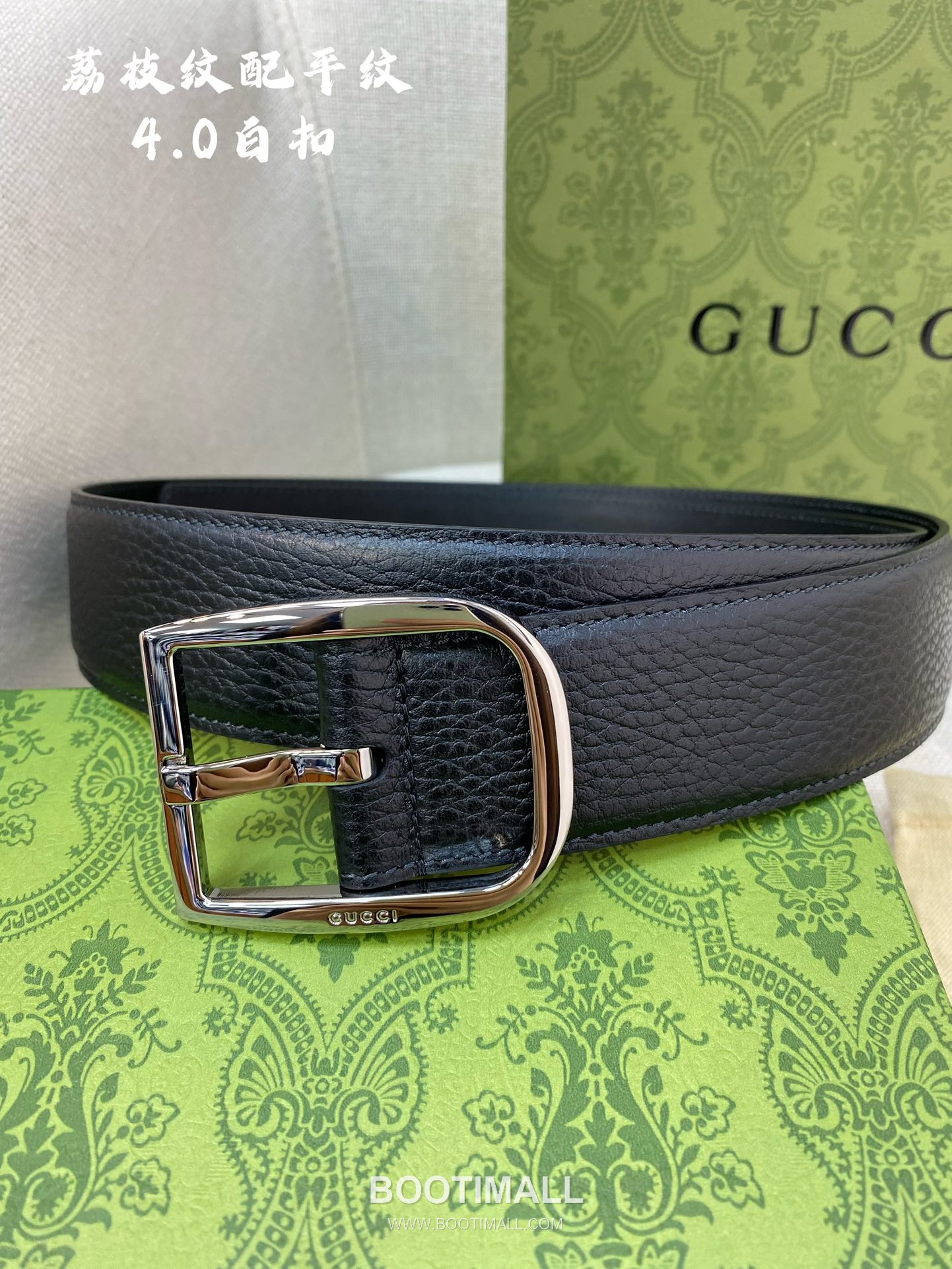 Gucci Calfskin Litchi Grain Leather Belt with Pin Buckle Palladium 구찌 카프스킨 리치 그레인 레더 벨트 핀 버클 황동 베이스 팔라듐 피니시 4.0cm 1