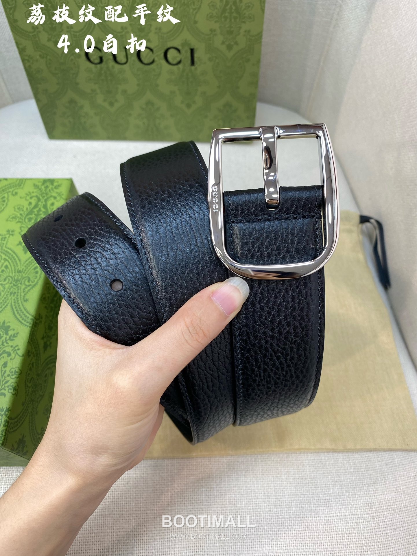 Gucci Calfskin Litchi Grain Leather Belt with Pin Buckle Palladium 구찌 카프스킨 리치 그레인 레더 벨트 핀 버클 황동 베이스 팔라듐 피니시 4.0cm 2