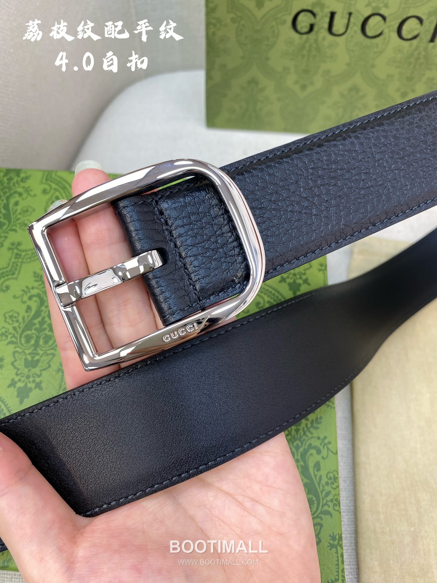 Gucci Calfskin Litchi Grain Leather Belt with Pin Buckle Palladium 구찌 카프스킨 리치 그레인 레더 벨트 핀 버클 황동 베이스 팔라듐 피니시 4.0cm 3