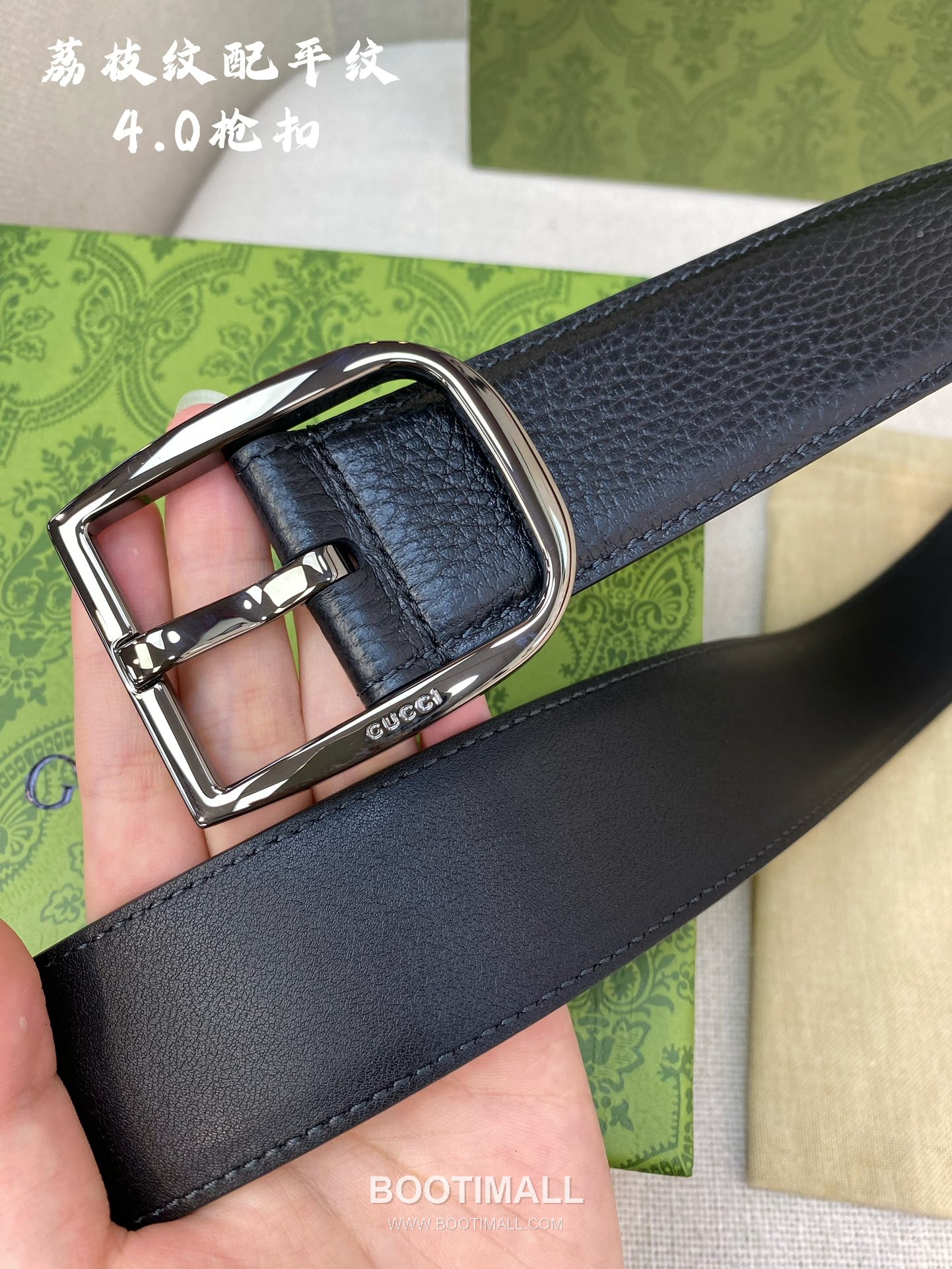 Gucci Calfskin Litchi Grain Leather Belt with Pin Buckle Palladium 구찌 카프스킨 리치 그레인 레더 벨트 핀 버클 황동 베이스 팔라듐 피니시 4.0cm 3