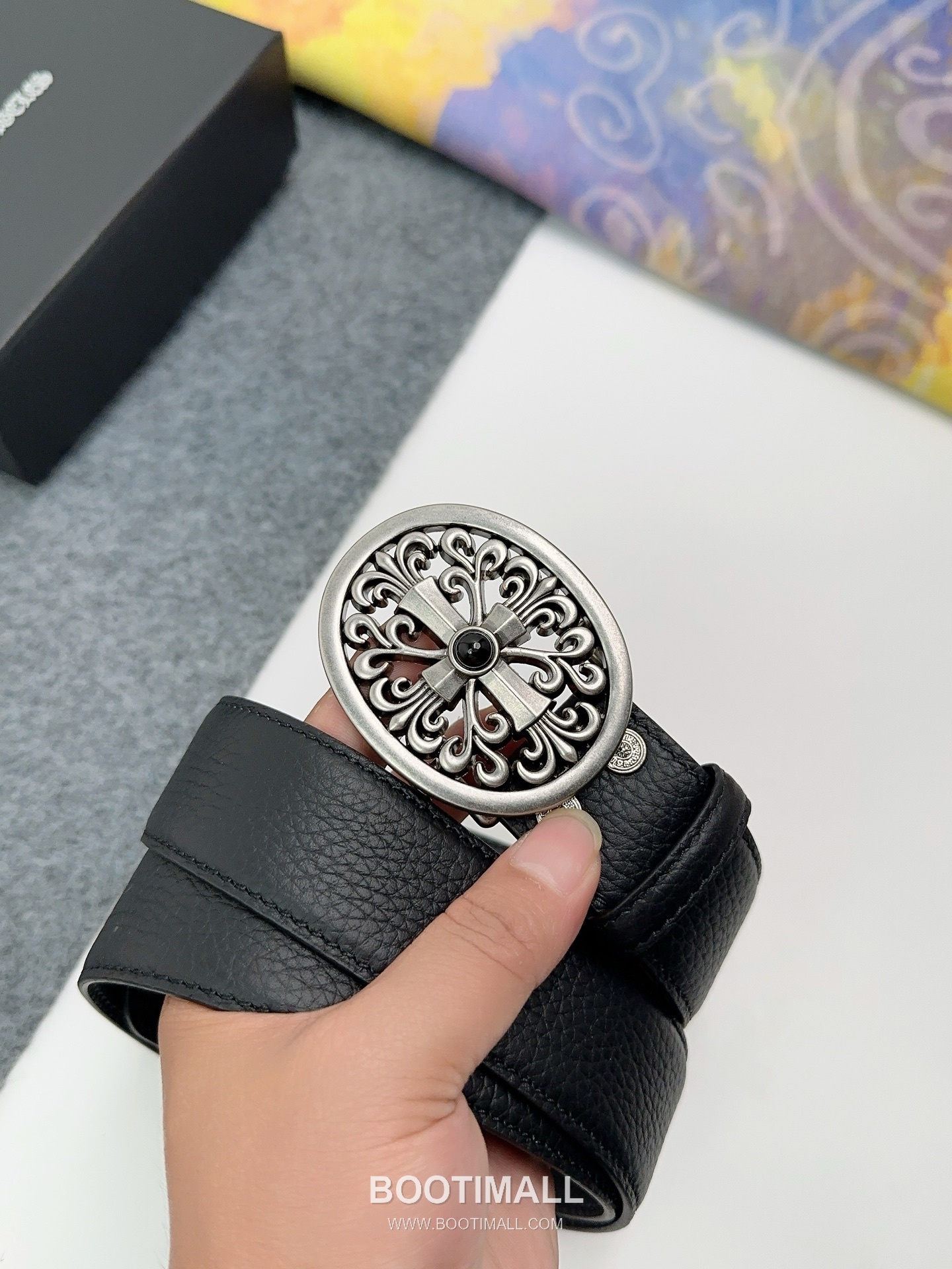 Chrome Hearts Calfskin Leather Belt with Logo Buckle Palladium 크롬하츠 카프스킨 레더 벨트 로고 버클 황동 베이스 팔라듐 피니시 3.8cm 1