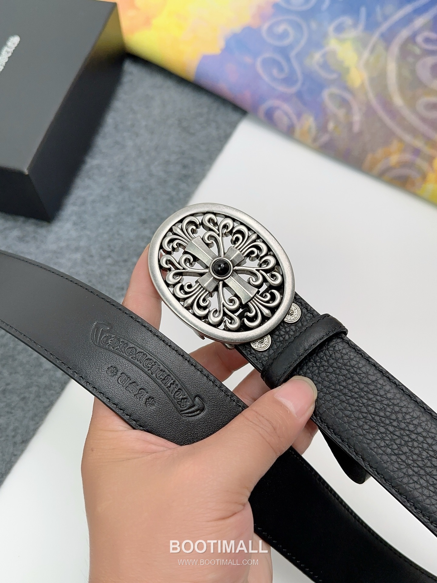 Chrome Hearts Calfskin Leather Belt with Logo Buckle Palladium 크롬하츠 카프스킨 레더 벨트 로고 버클 황동 베이스 팔라듐 피니시 3.8cm 2