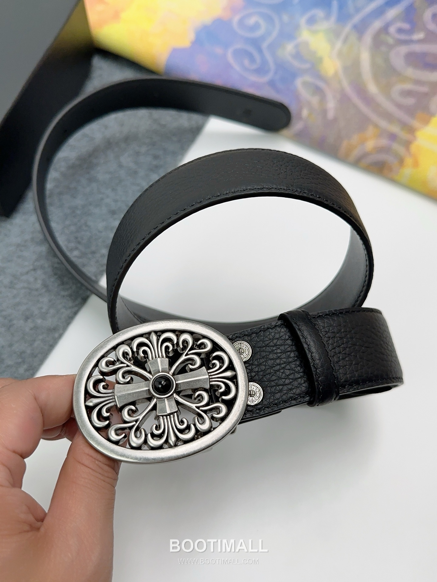 Chrome Hearts Calfskin Leather Belt with Logo Buckle Palladium 크롬하츠 카프스킨 레더 벨트 로고 버클 황동 베이스 팔라듐 피니시 3.8cm 3