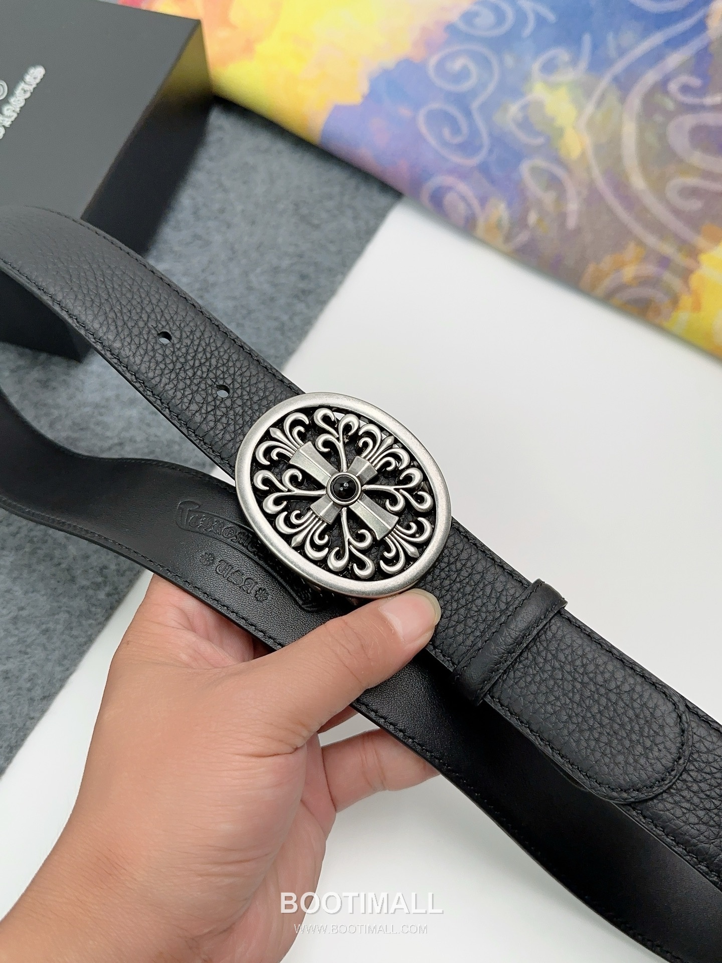 Chrome Hearts Calfskin Leather Belt with Logo Buckle Palladium 크롬하츠 카프스킨 레더 벨트 로고 버클 황동 베이스 팔라듐 피니시 3.8cm 4