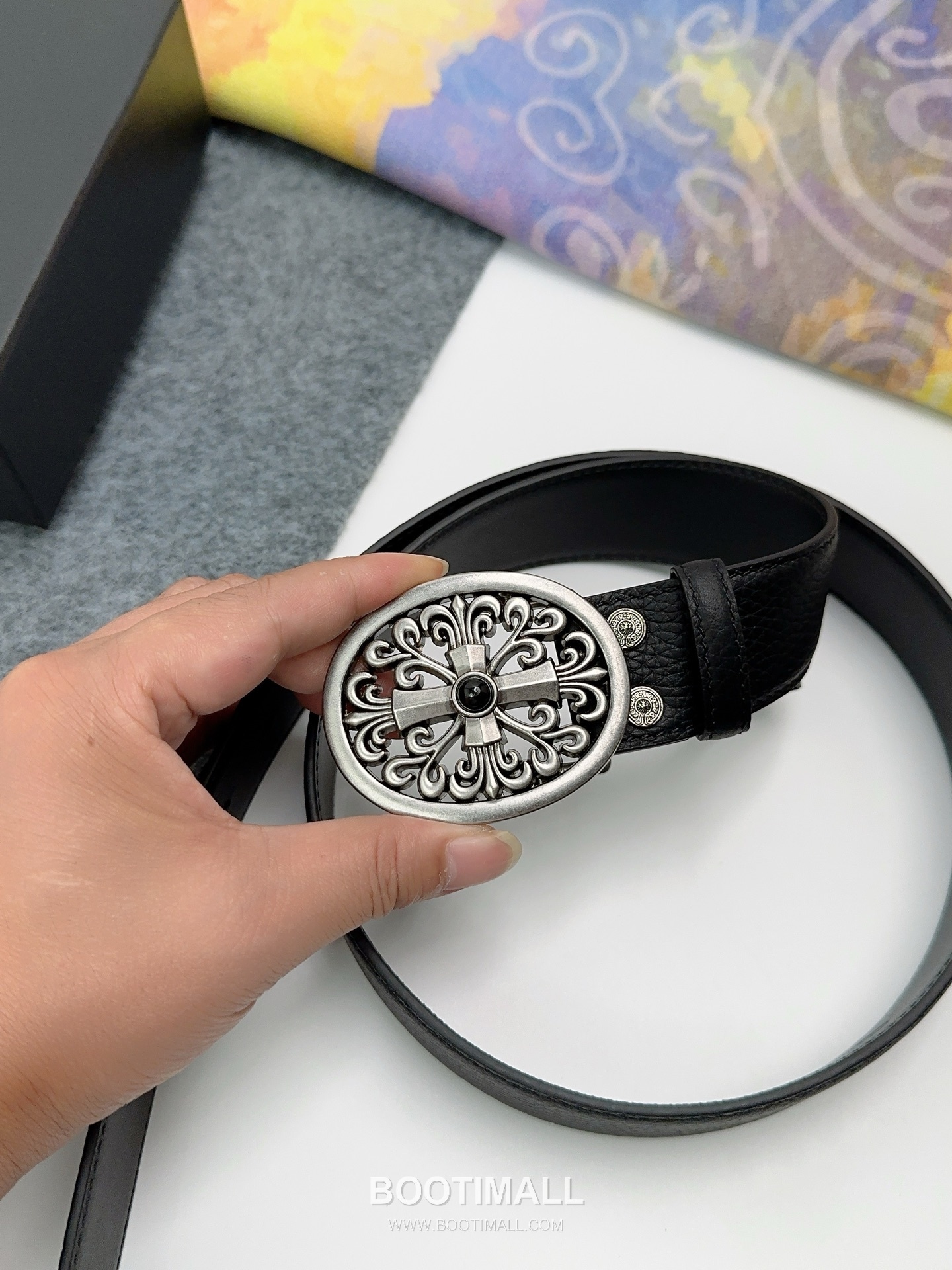 Chrome Hearts Calfskin Leather Belt with Logo Buckle Palladium 크롬하츠 카프스킨 레더 벨트 로고 버클 황동 베이스 팔라듐 피니시 3.8cm 6