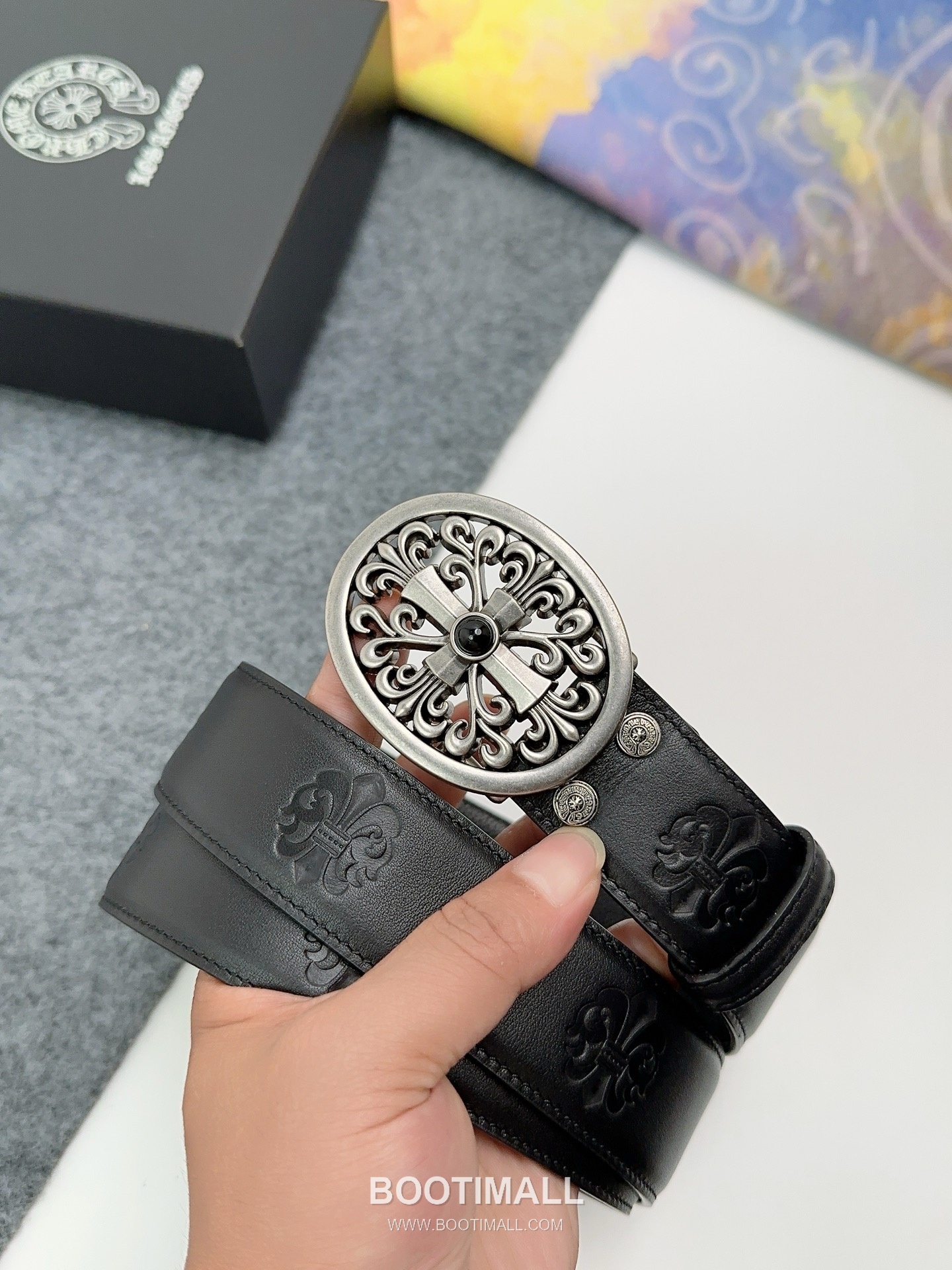 Chrome Hearts Calfskin Leather Belt with Logo Buckle Palladium 크롬하츠 카프스킨 레더 벨트 로고 버클 황동 베이스 팔라듐 피니시 3.8cm 1