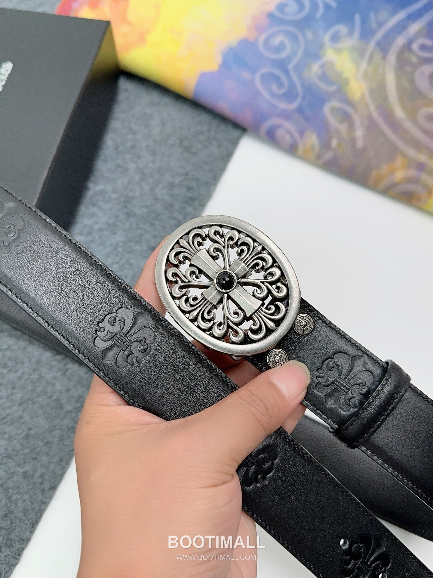 Chrome Hearts Calfskin Leather Belt with Logo Buckle Palladium 크롬하츠 카프스킨 레더 벨트 로고 버클 황동 베이스 팔라듐 피니시 3.8cm 2