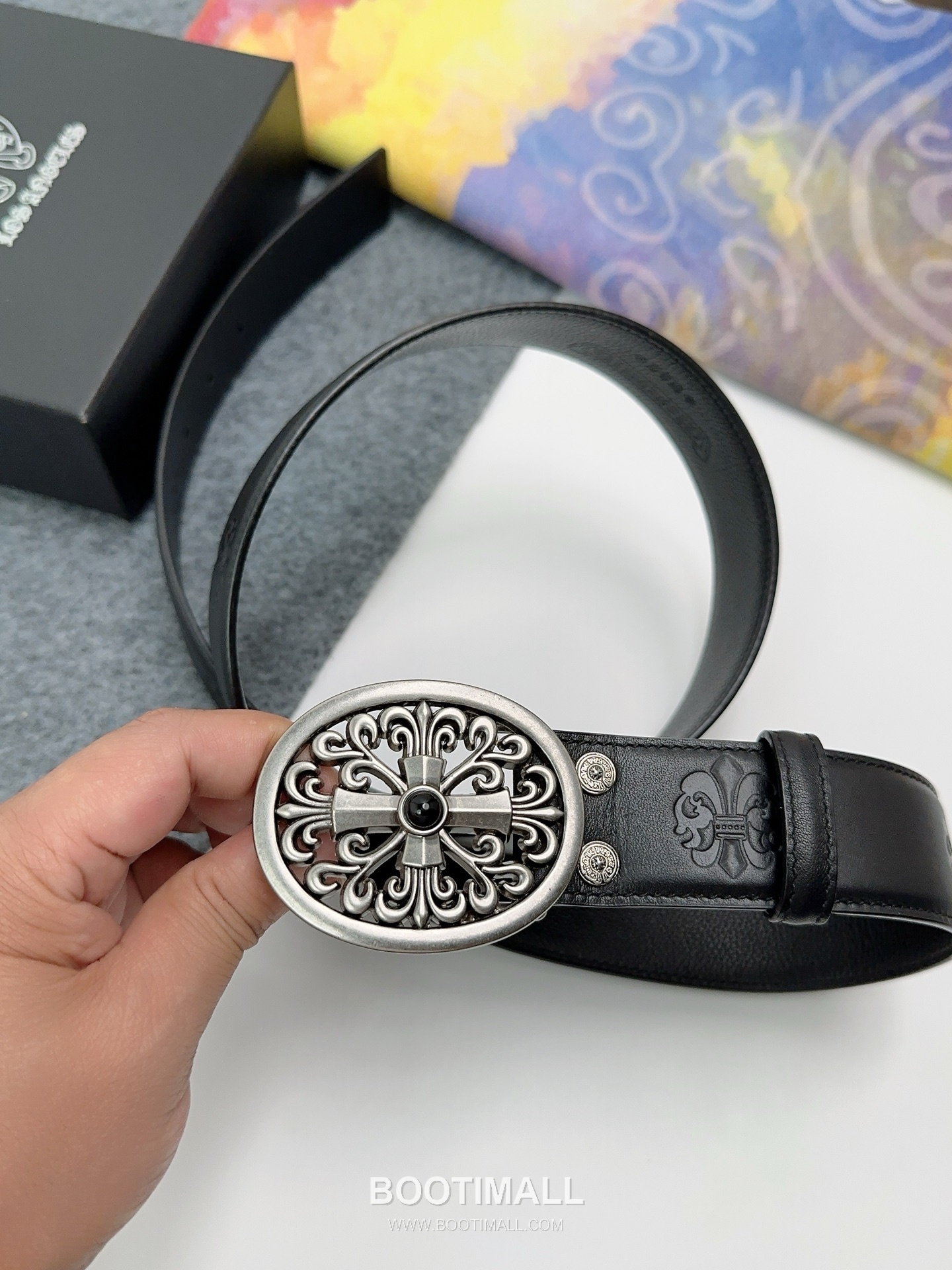 Chrome Hearts Calfskin Leather Belt with Logo Buckle Palladium 크롬하츠 카프스킨 레더 벨트 로고 버클 황동 베이스 팔라듐 피니시 3.8cm 3