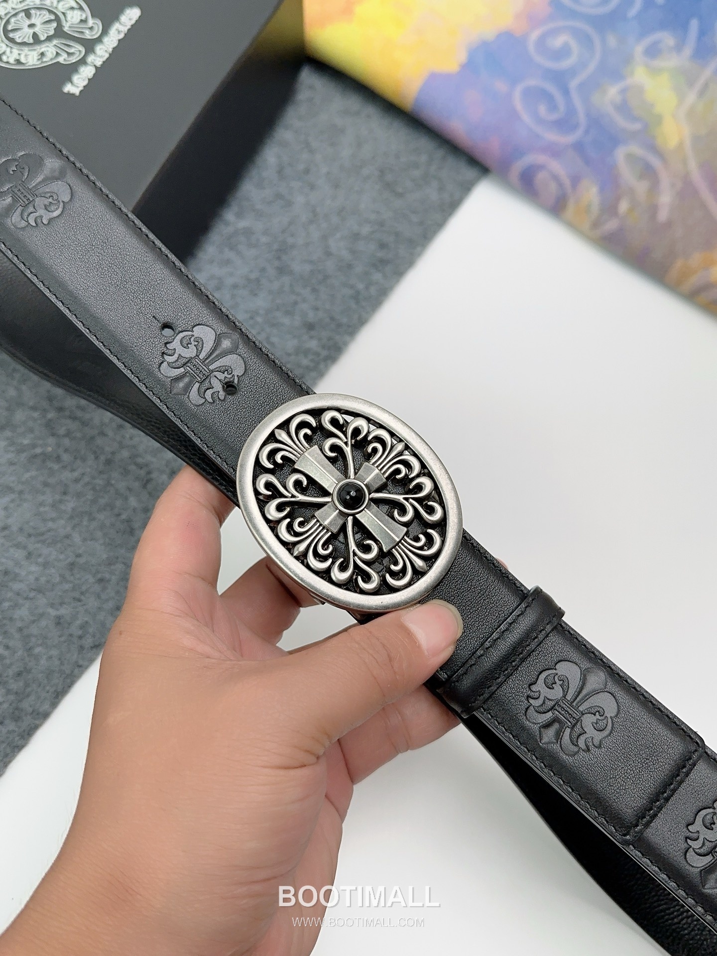 Chrome Hearts Calfskin Leather Belt with Logo Buckle Palladium 크롬하츠 카프스킨 레더 벨트 로고 버클 황동 베이스 팔라듐 피니시 3.8cm 4