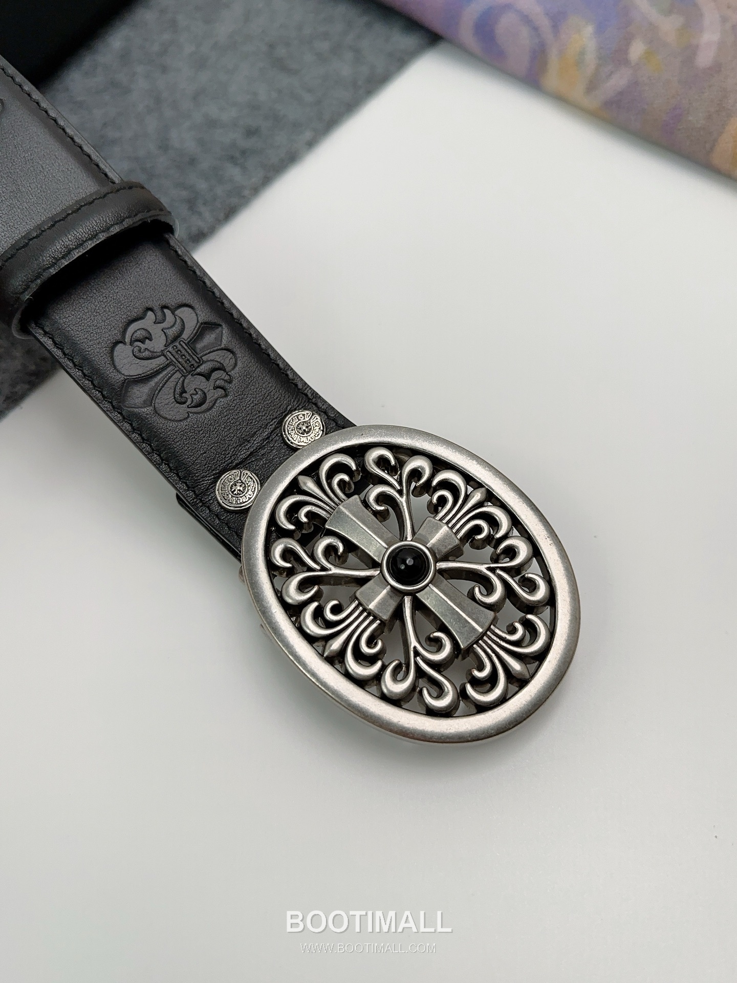 Chrome Hearts Calfskin Leather Belt with Logo Buckle Palladium 크롬하츠 카프스킨 레더 벨트 로고 버클 황동 베이스 팔라듐 피니시 3.8cm 5