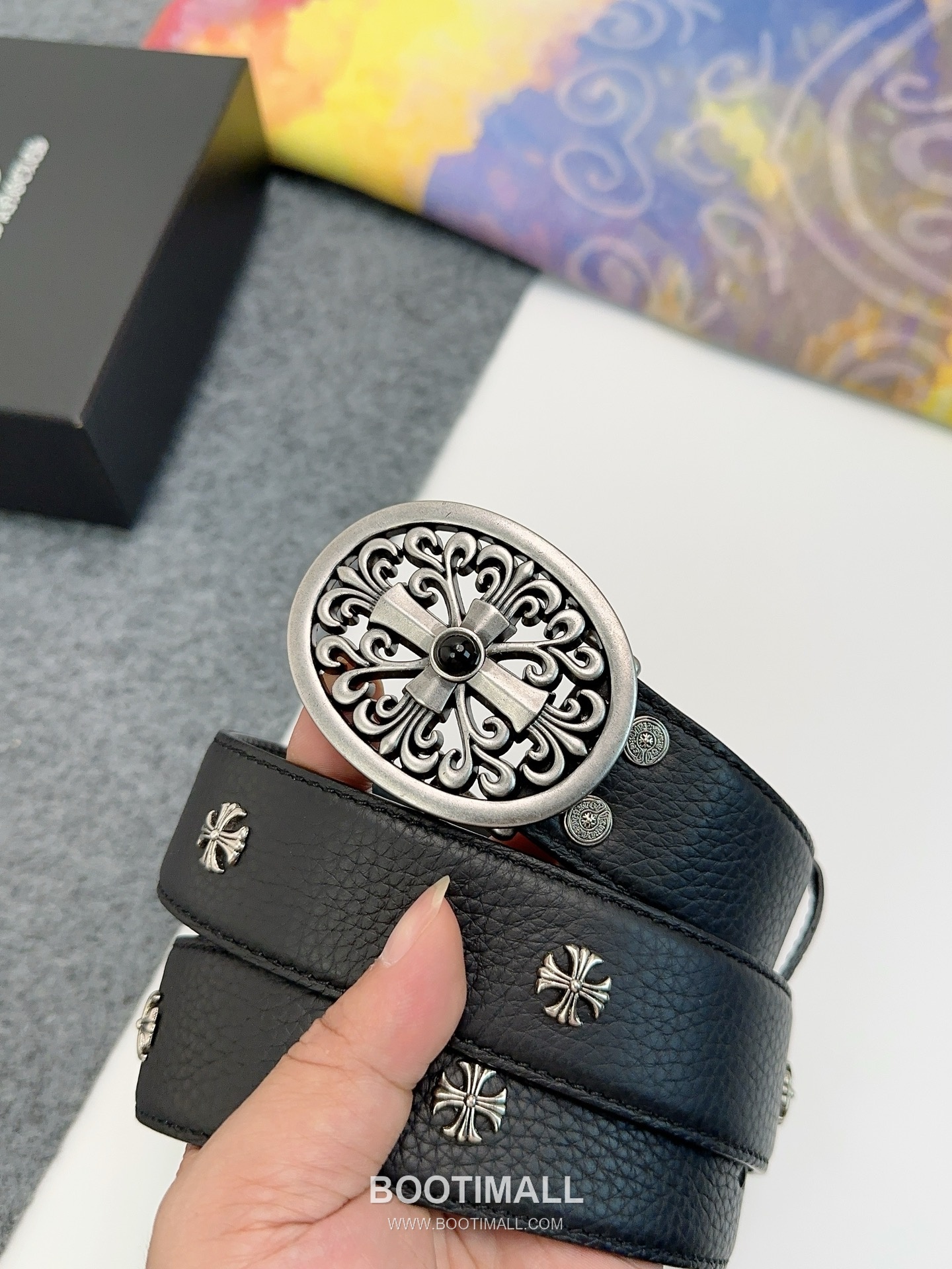 Chrome Hearts Calfskin Leather Belt with Logo Buckle Palladium 크롬하츠 카프스킨 레더 벨트 로고 버클 황동 베이스 팔라듐 피니시 3.8cm 1